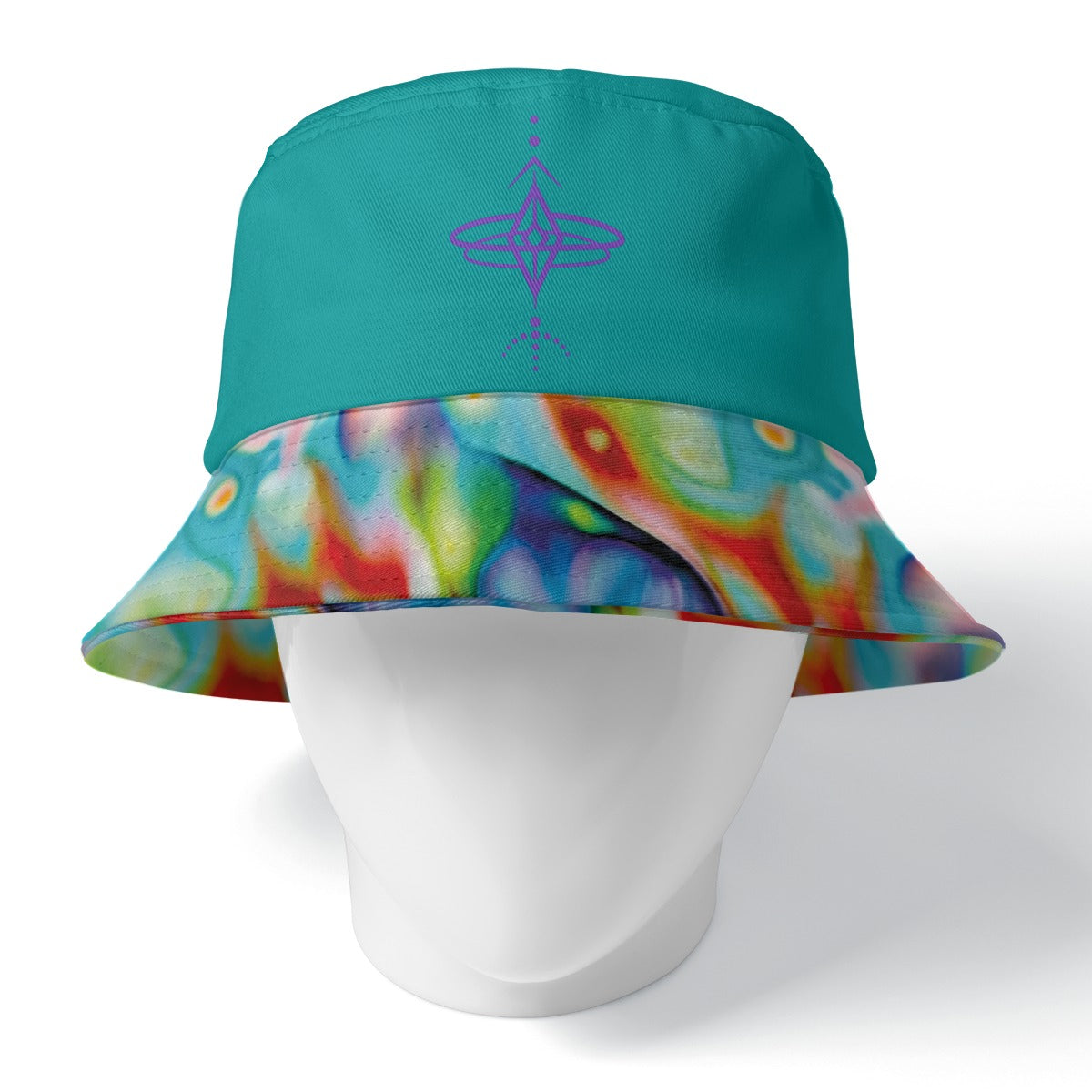 Turquoise bucket hat with tie-dye brim on a mannequin head against a white background