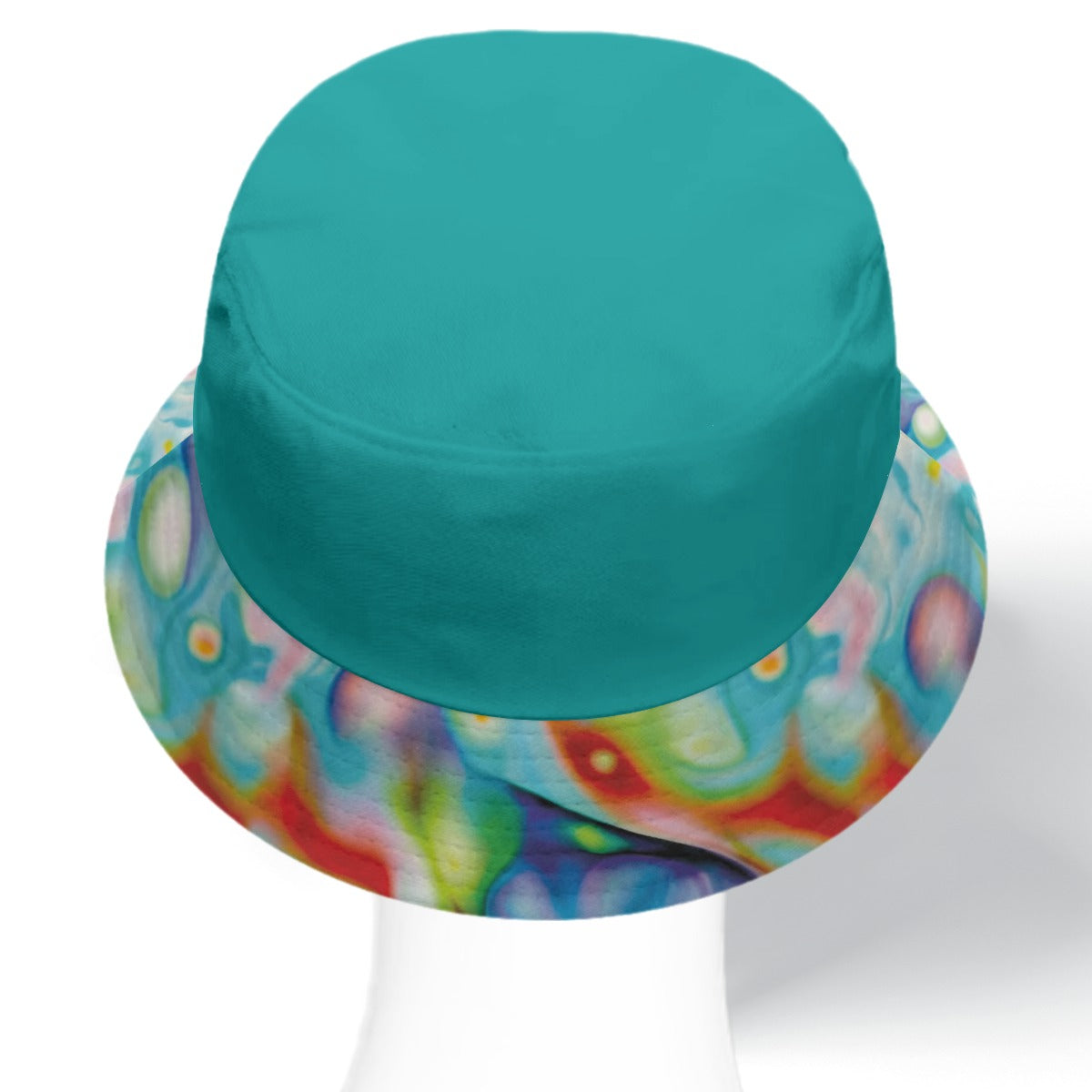 Teal bucket hat with a colorful pattern on a white background