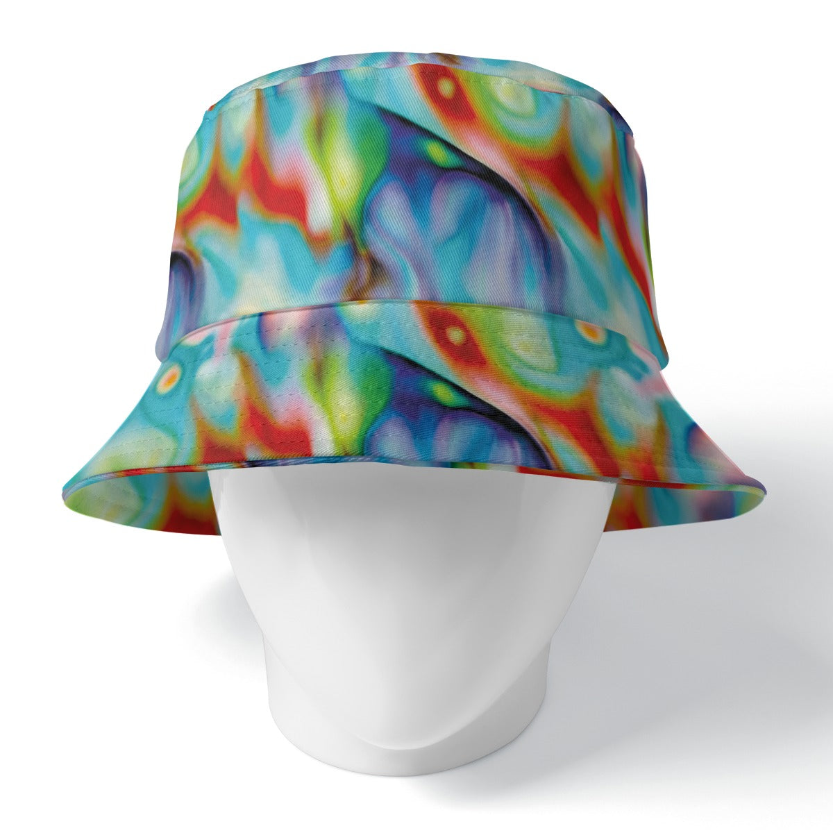 Colorful tie-dye bucket hat on a white mannequin head against a white background
