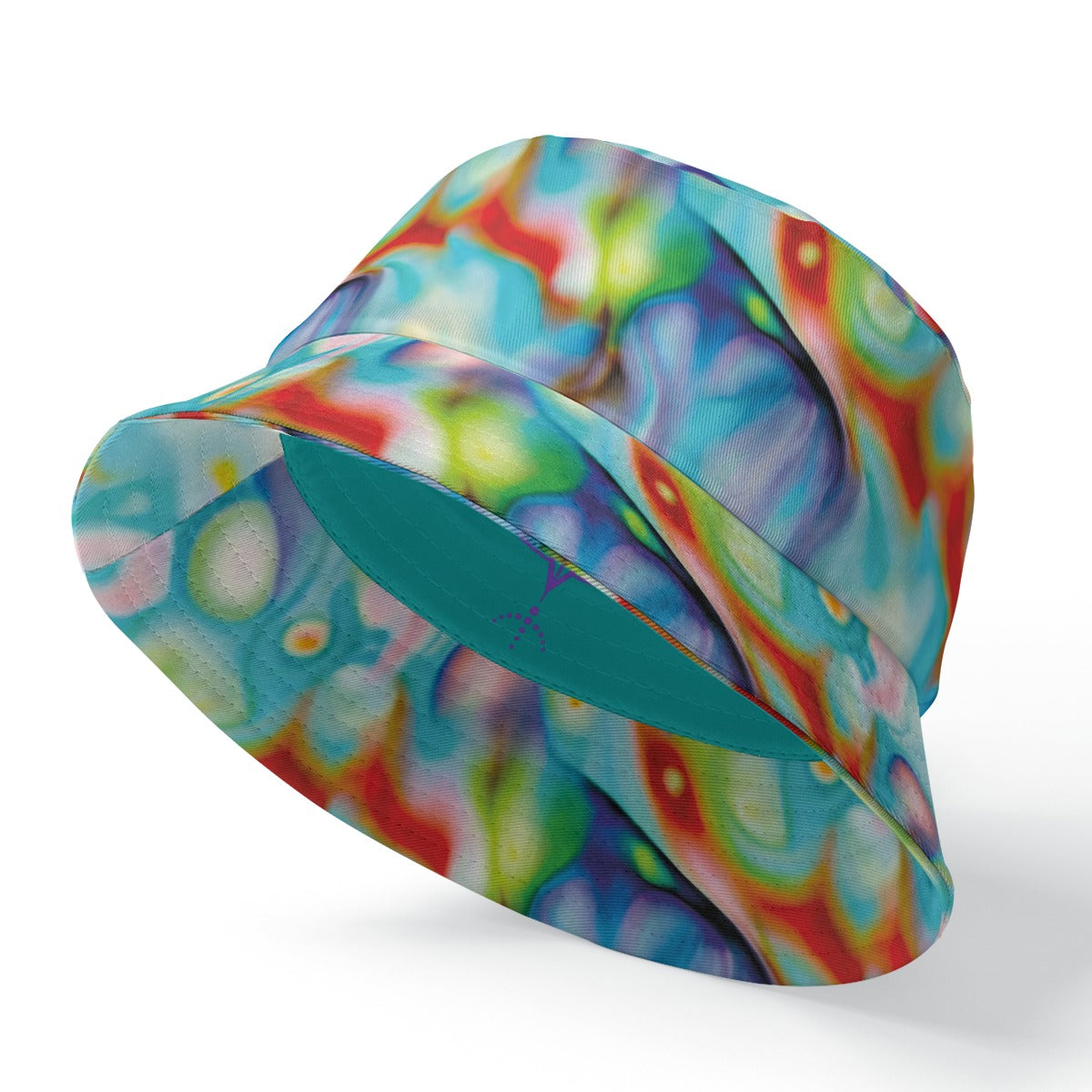 Colorful tie-dye bucket hat on a white background