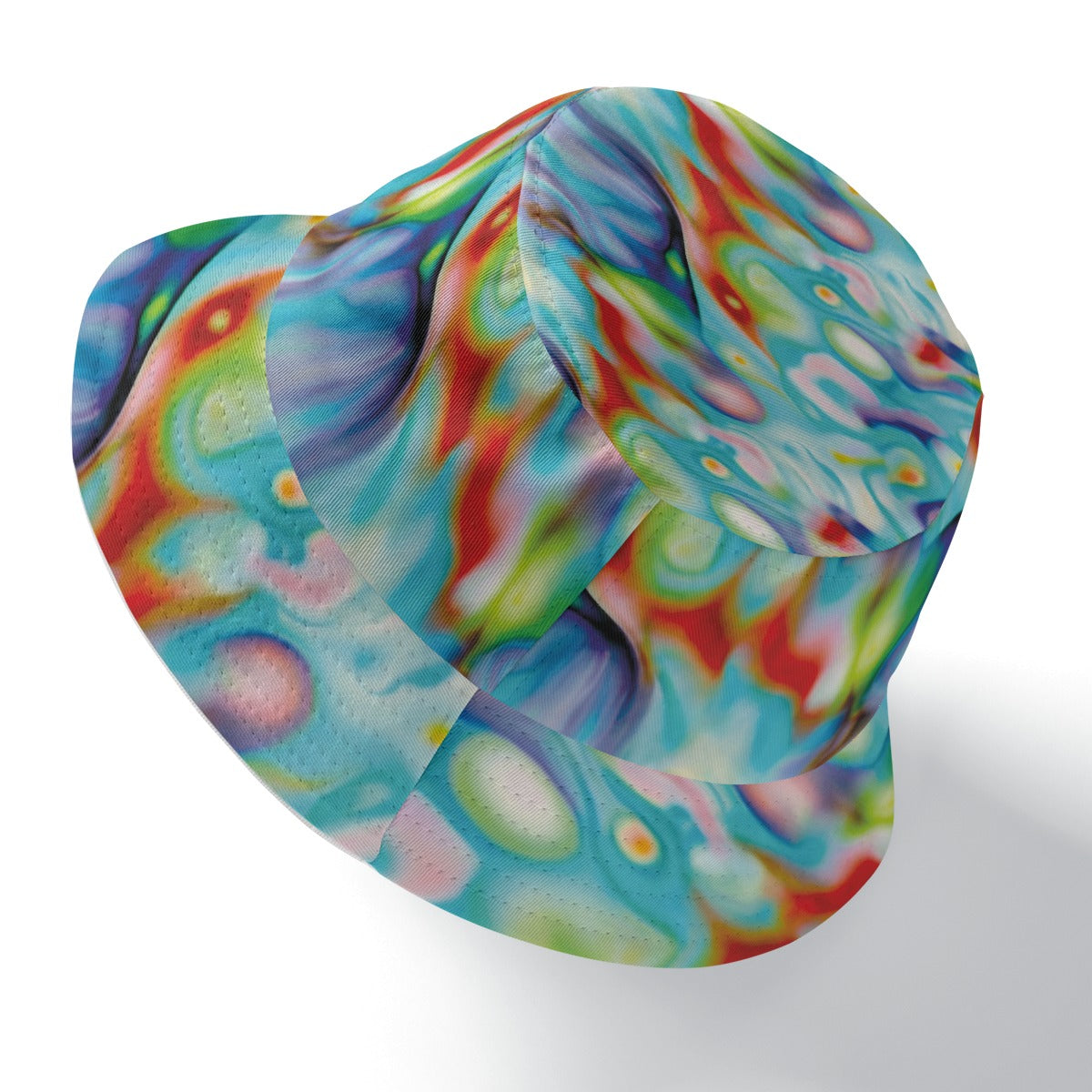 Colorful tie-dye patterned hat on a white background