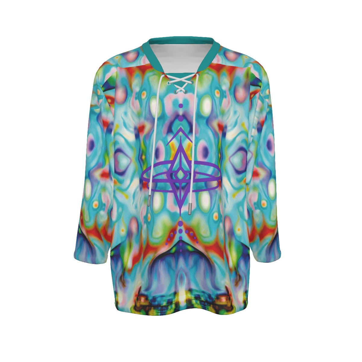 Colorful tie-dye jersey with geometric patterns on a white background