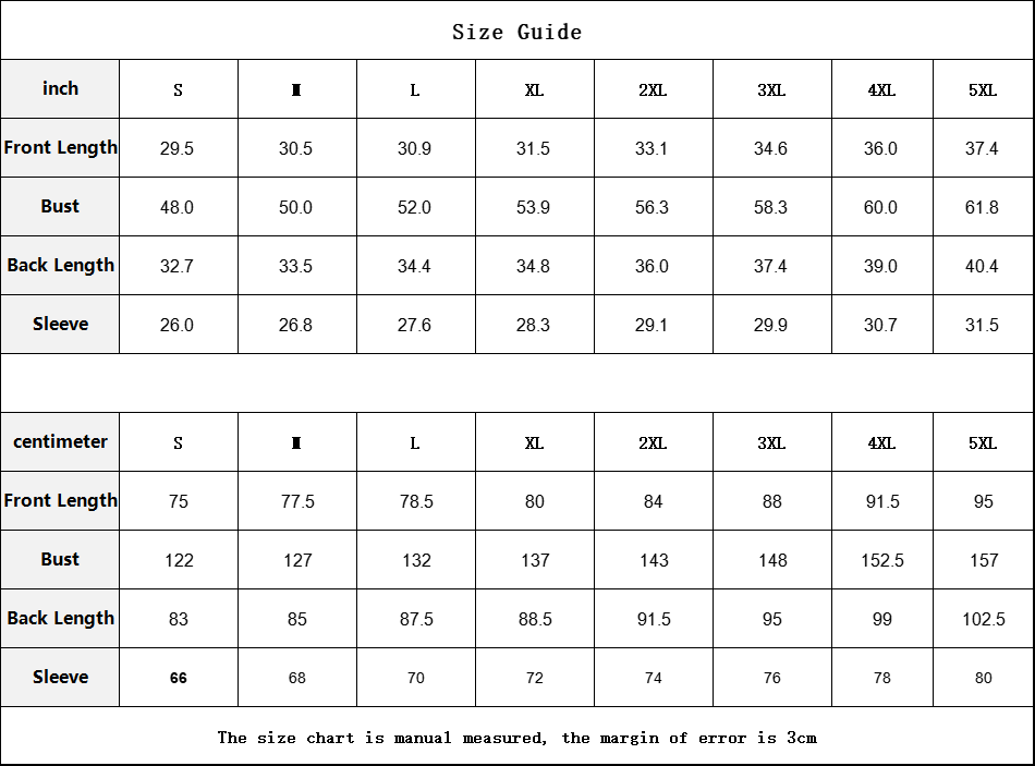 Size chart for clothing measurements in inches and centimeters with a margin of error note.