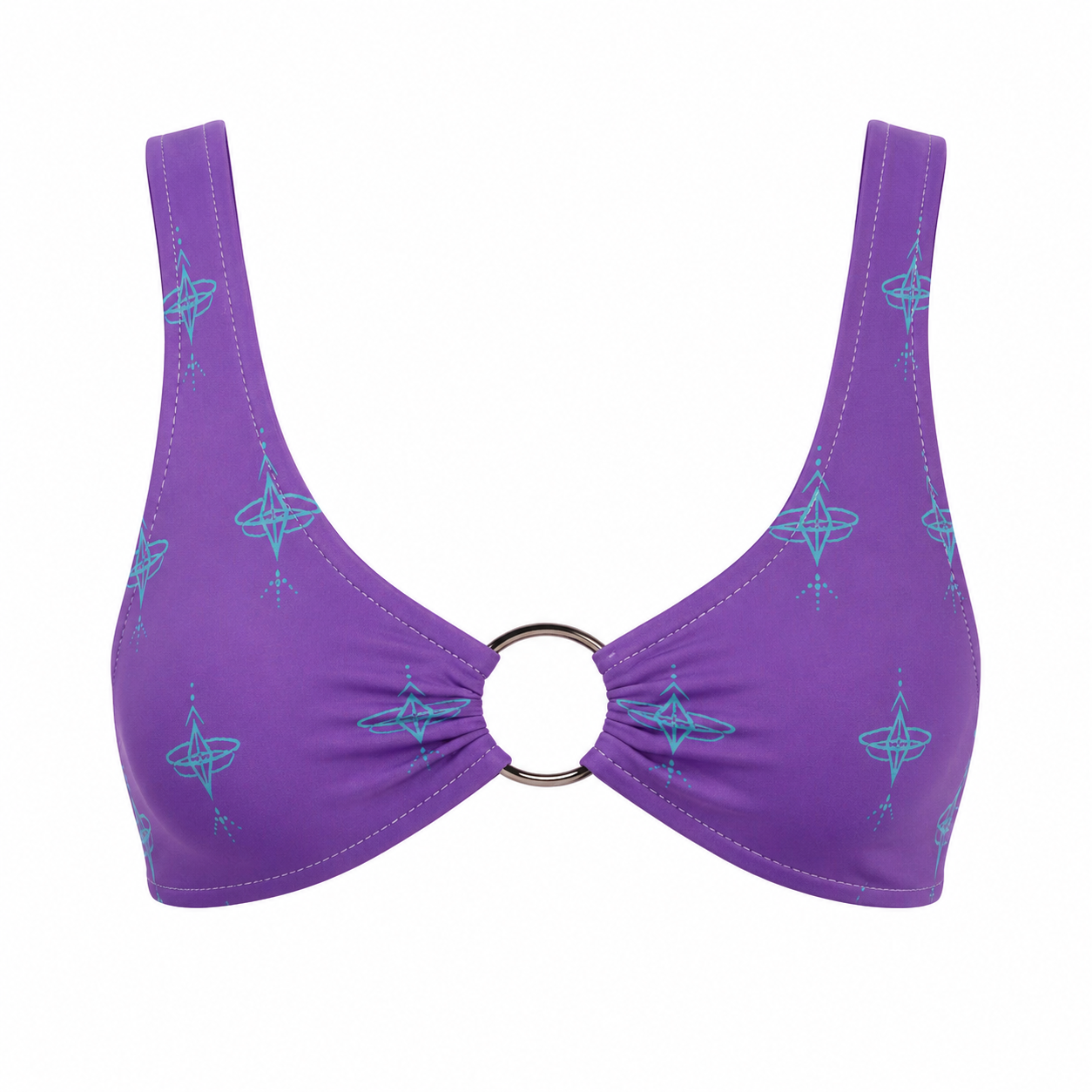 Purple bikini top with star pattern on a white background