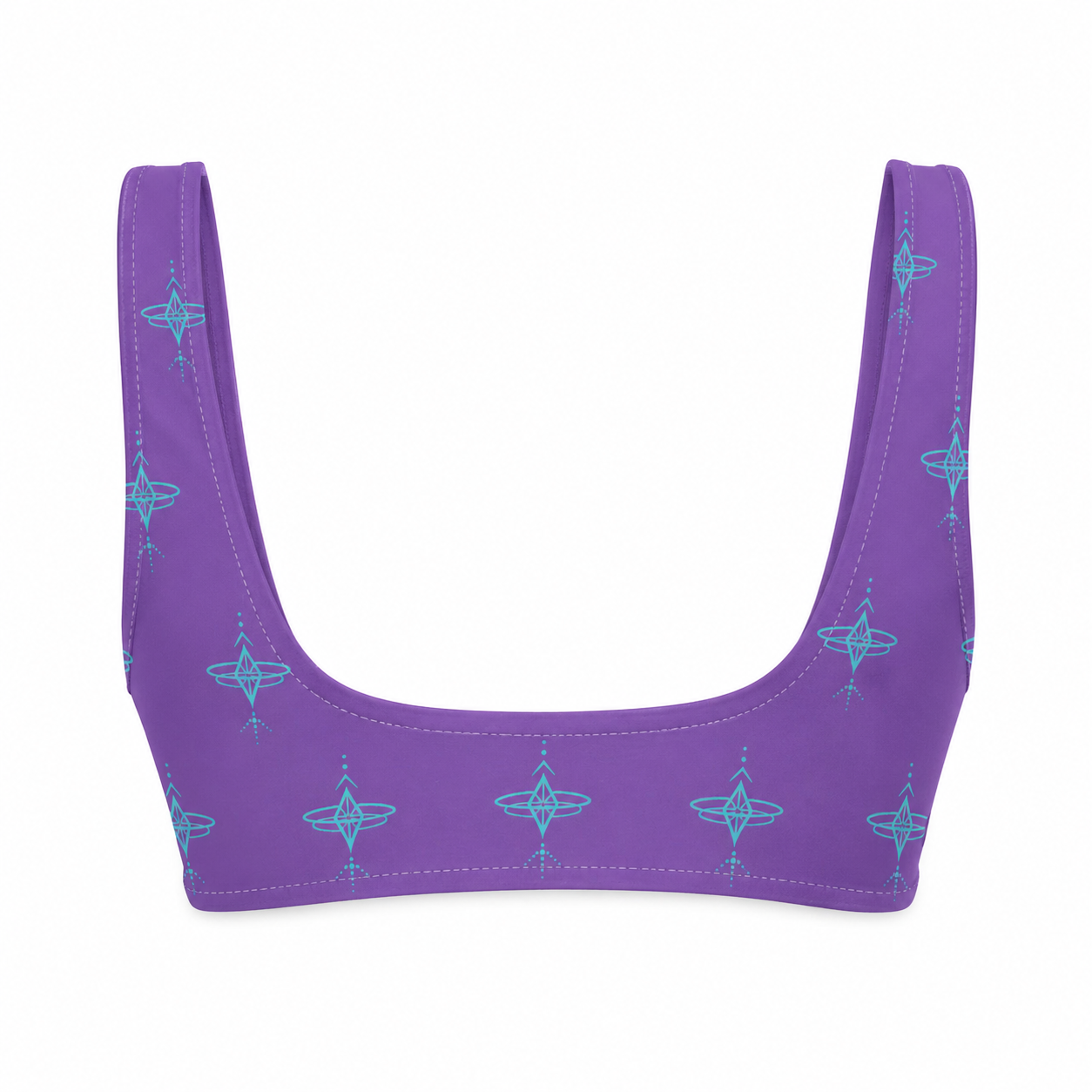 Purple bikini top with blue star pattern on a white background