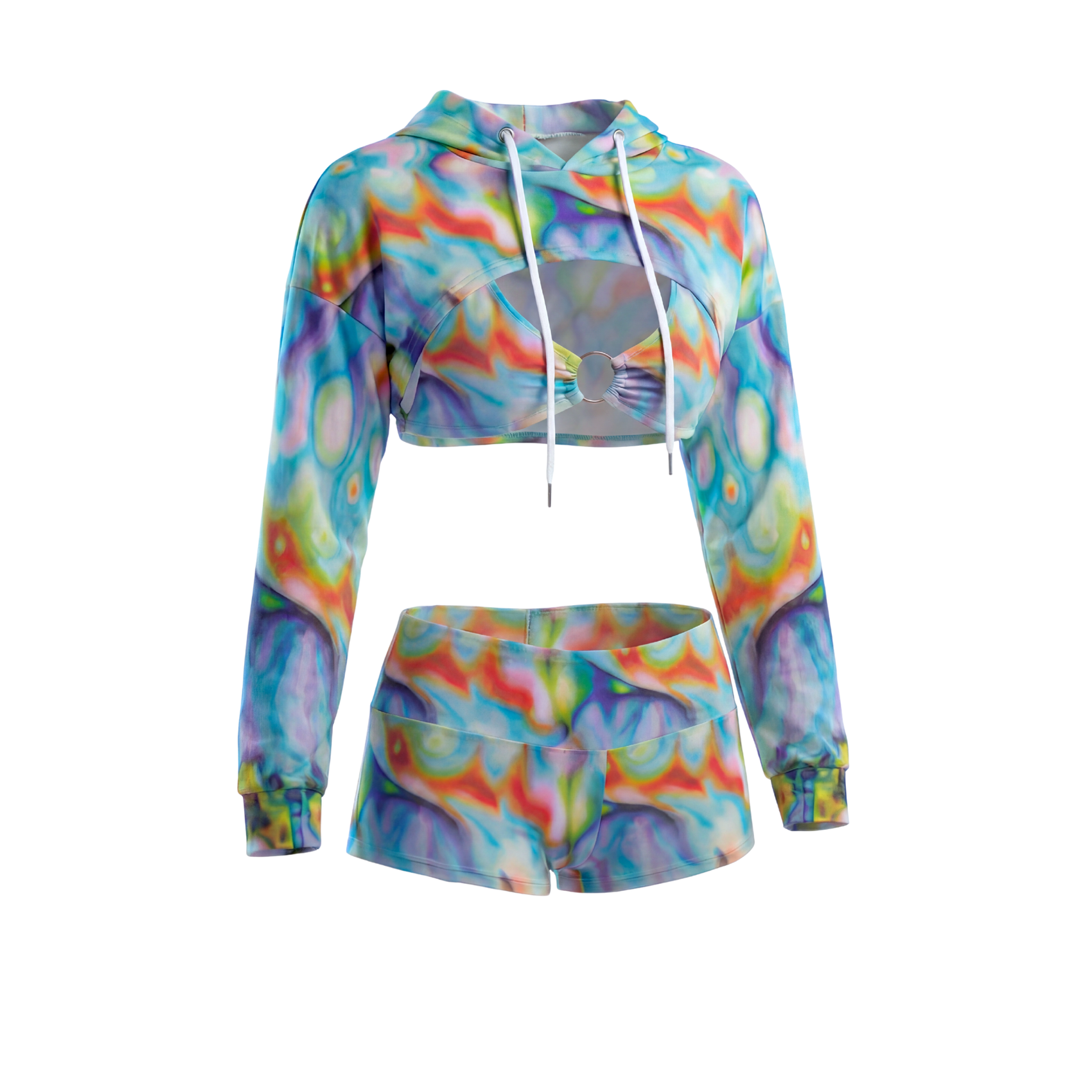 Colorful tie-dye hoodie and shorts set on a white background