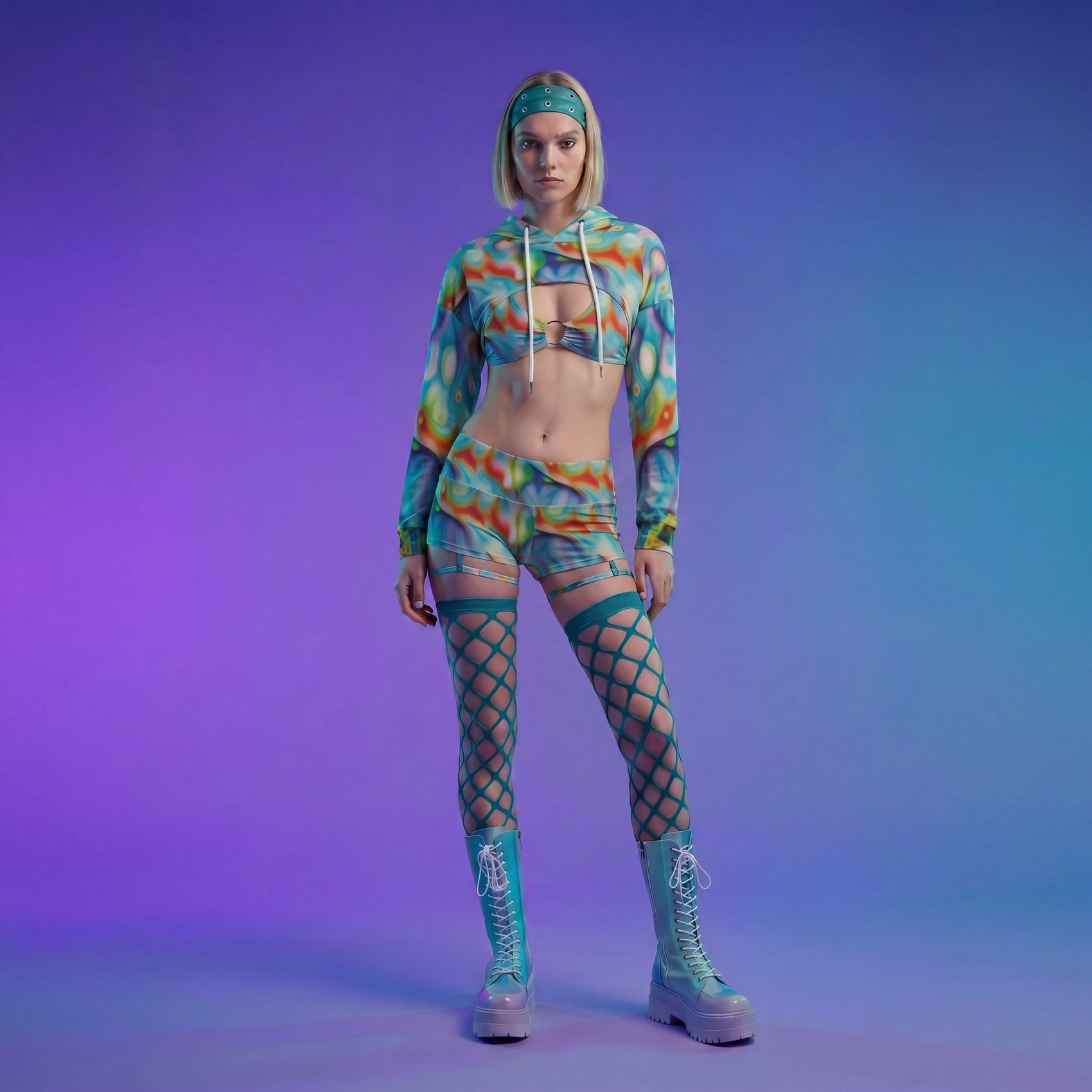 Person wearing a colorful outfit with fishnet stockings against a gradient purple and blue background