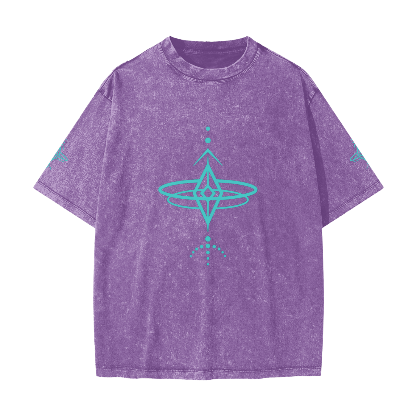 Purple t-shirt with a turquoise geometric design on a white background