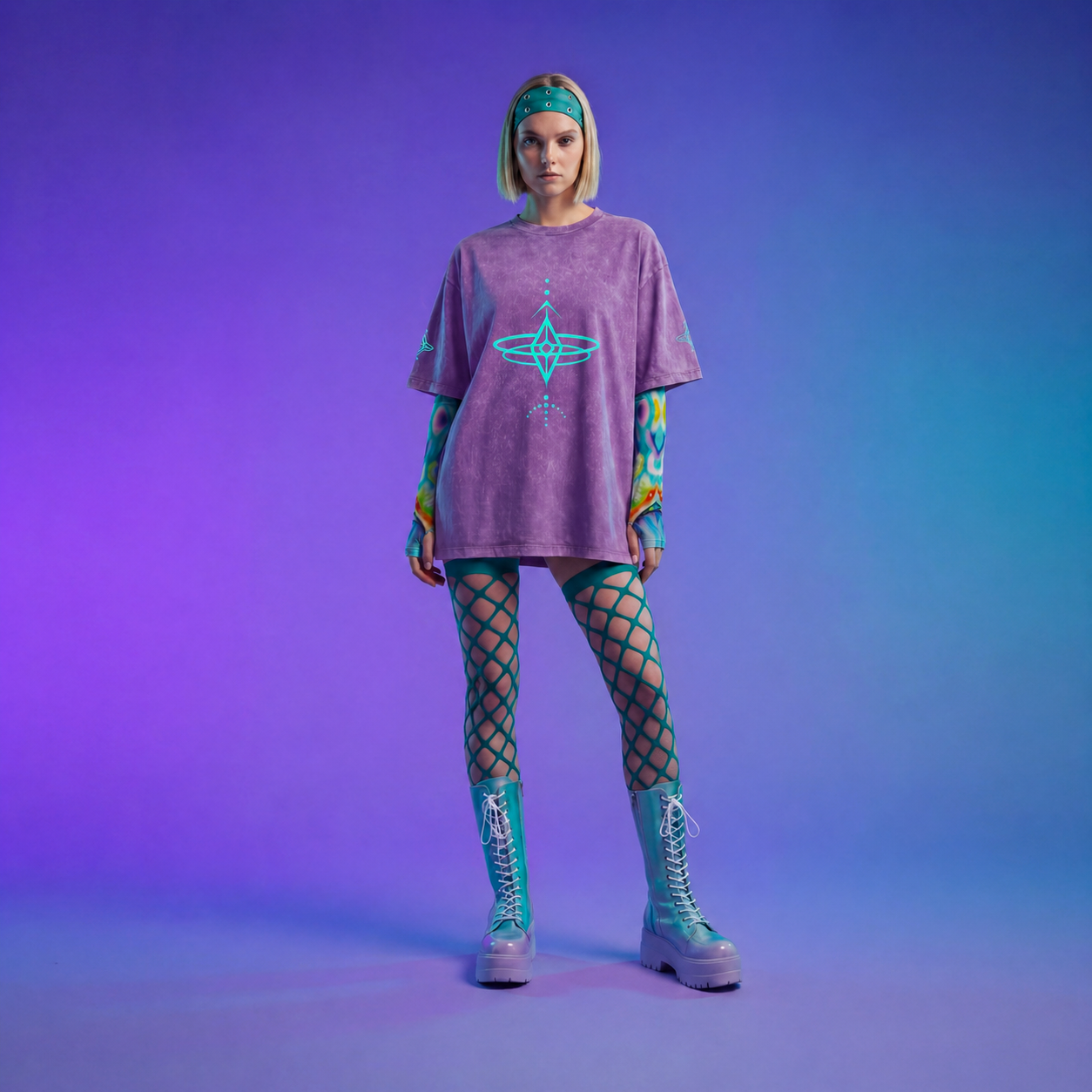 Person wearing a purple oversized shirt, colorful leggings, and green shoes on a gradient purple and blue background