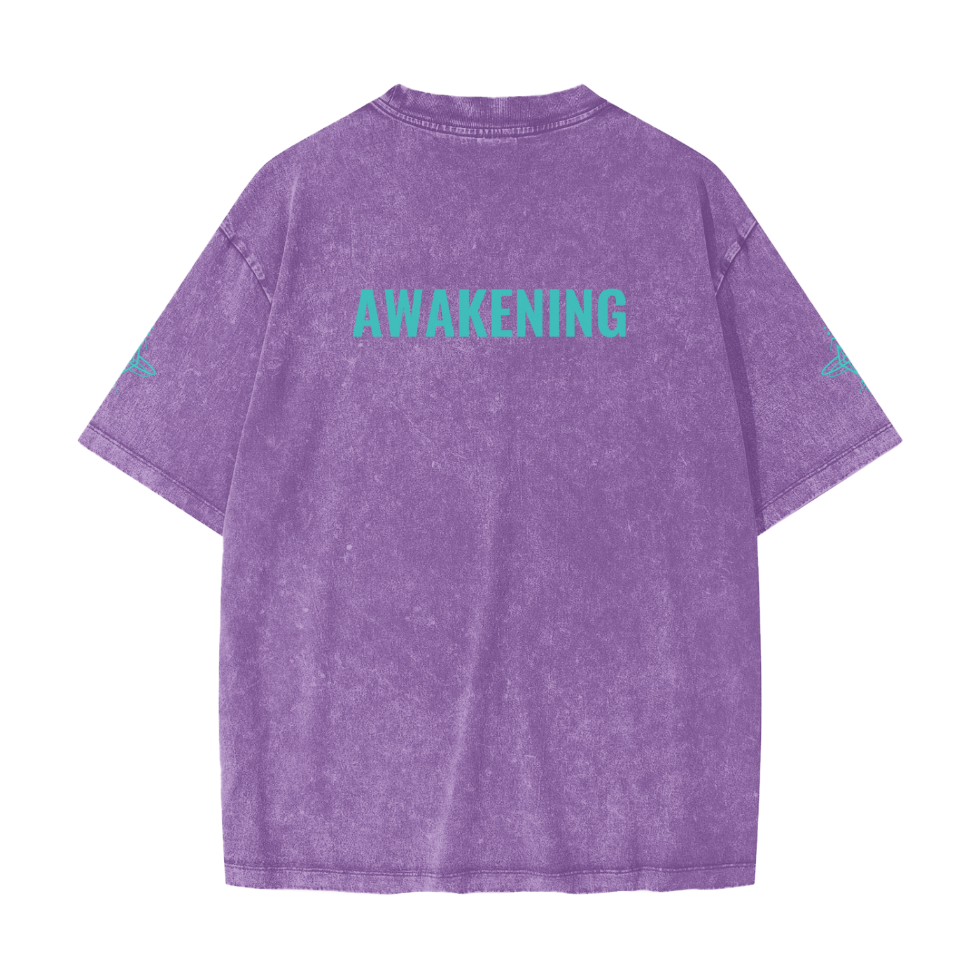 Purple t-shirt with 'AWAKENING' text on the back against a white background