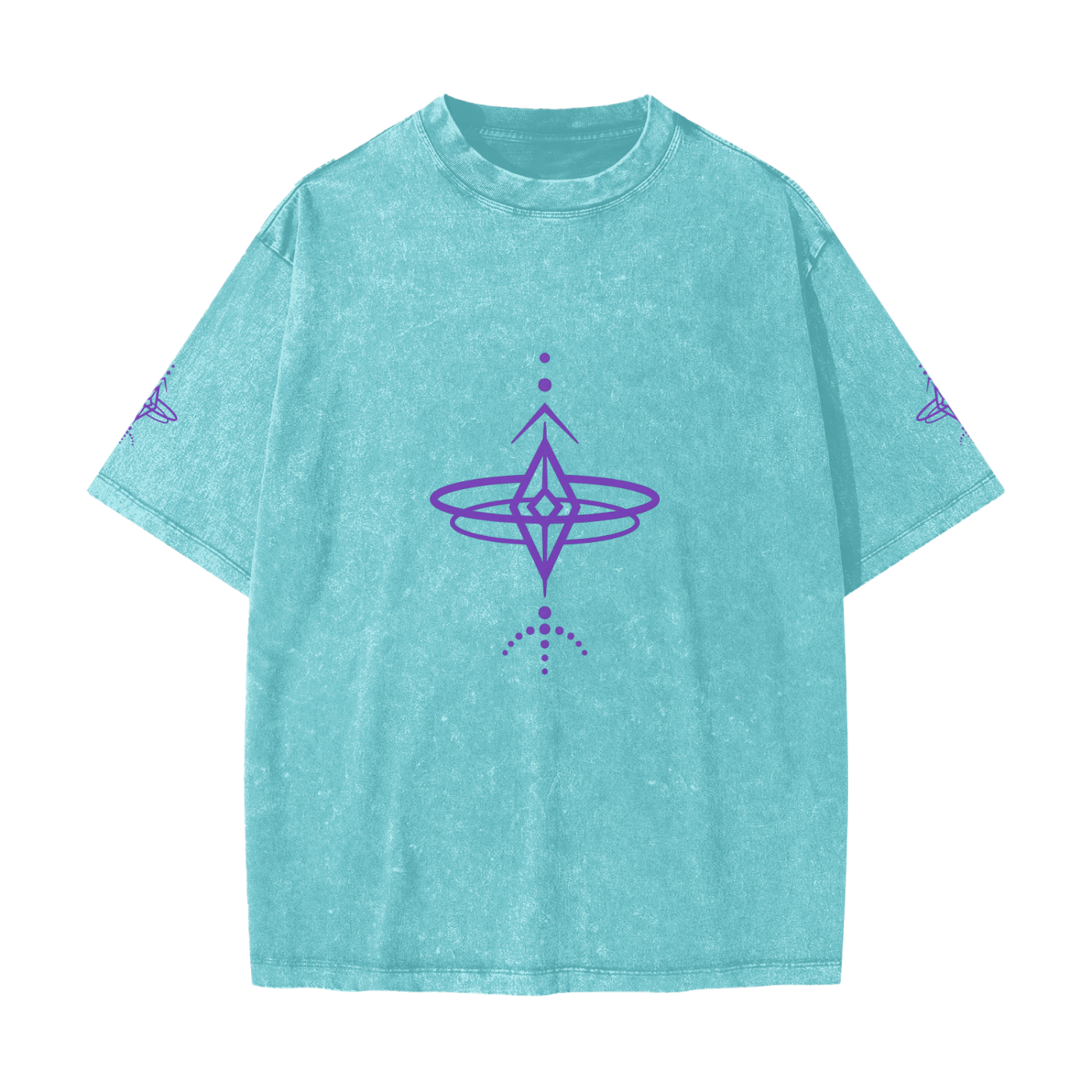 Teal t-shirt with purple geometric design on a white background