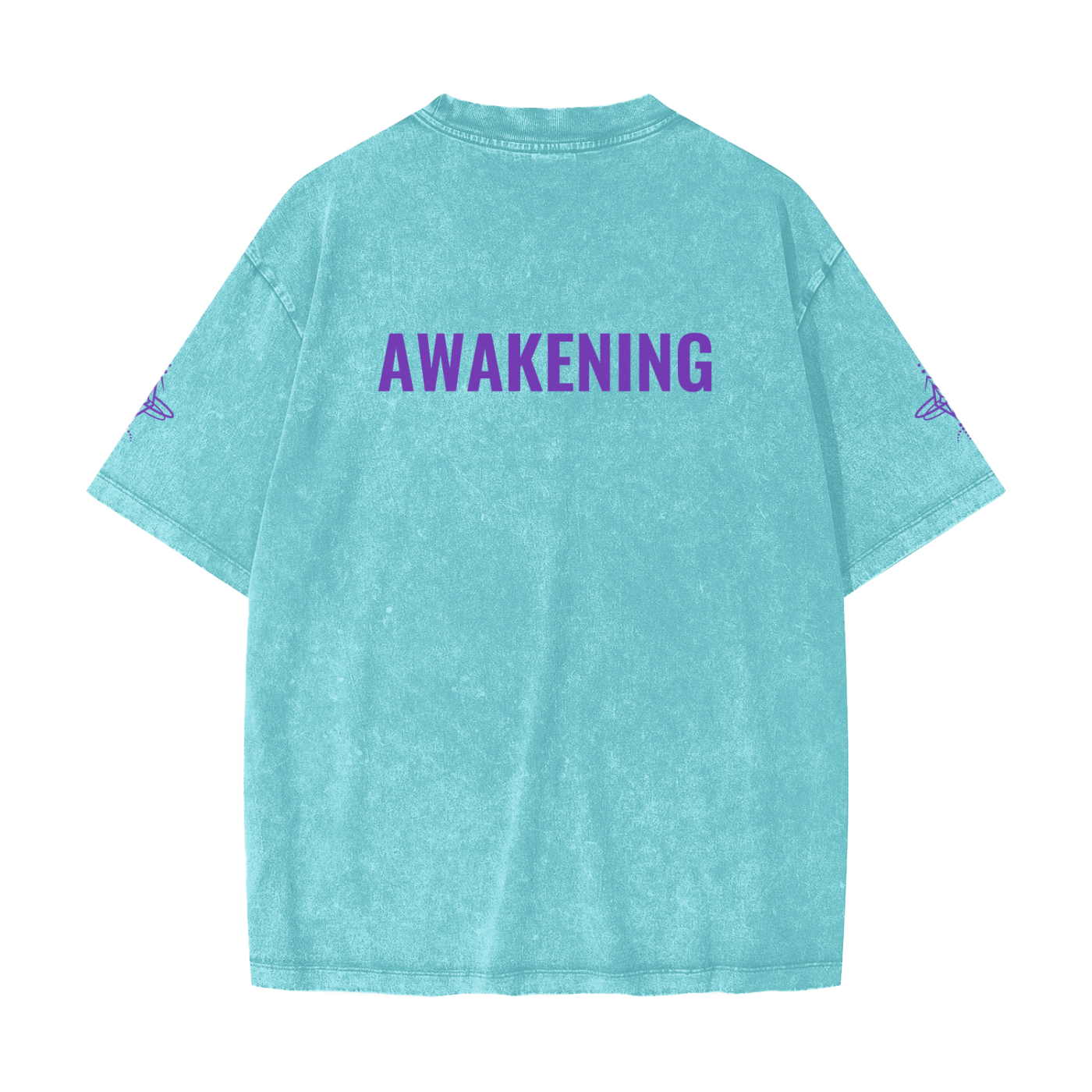 Teal t-shirt with 'AWAKENING' printed on the back against a white background