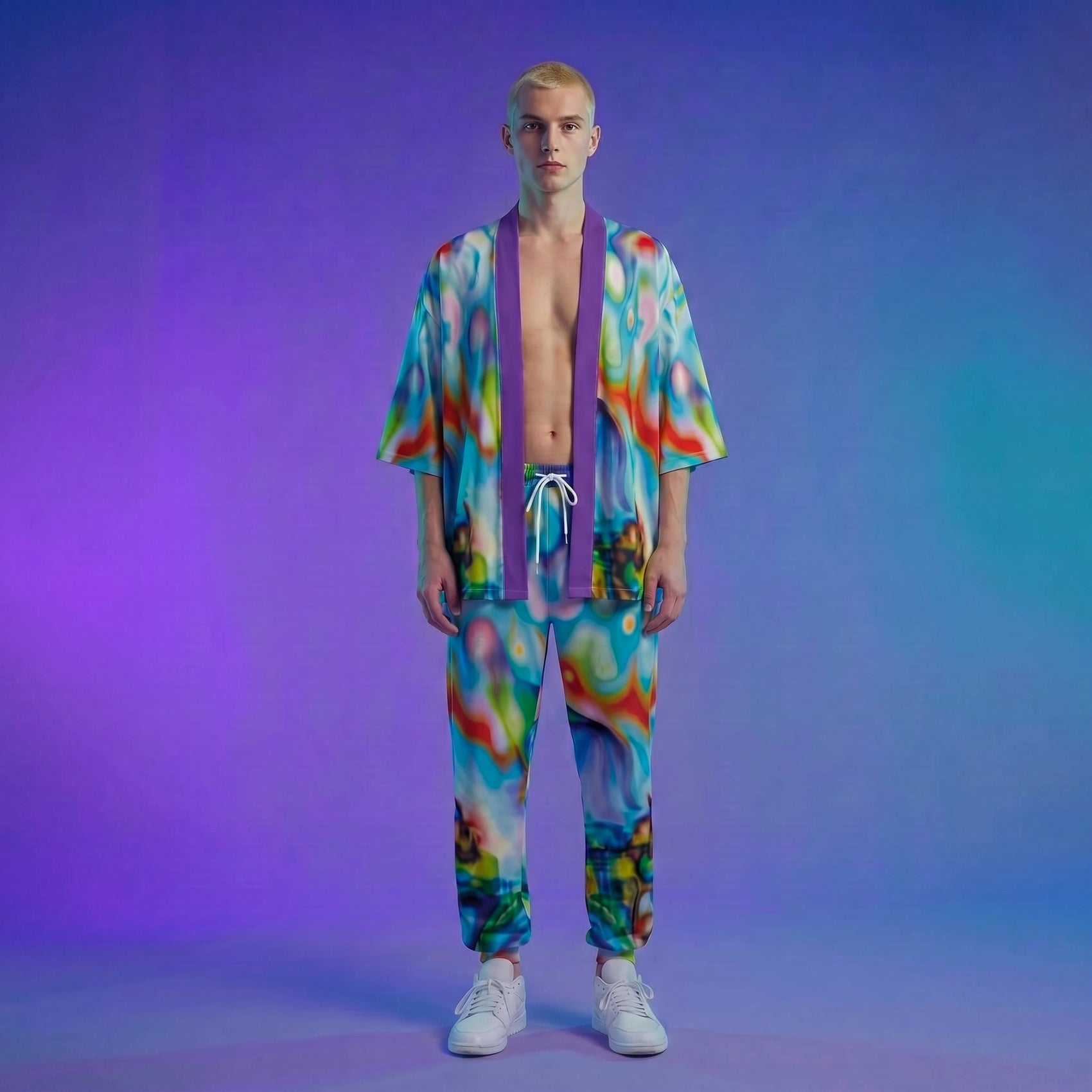 Person wearing a colorful tie-dye outfit on a gradient purple and blue background