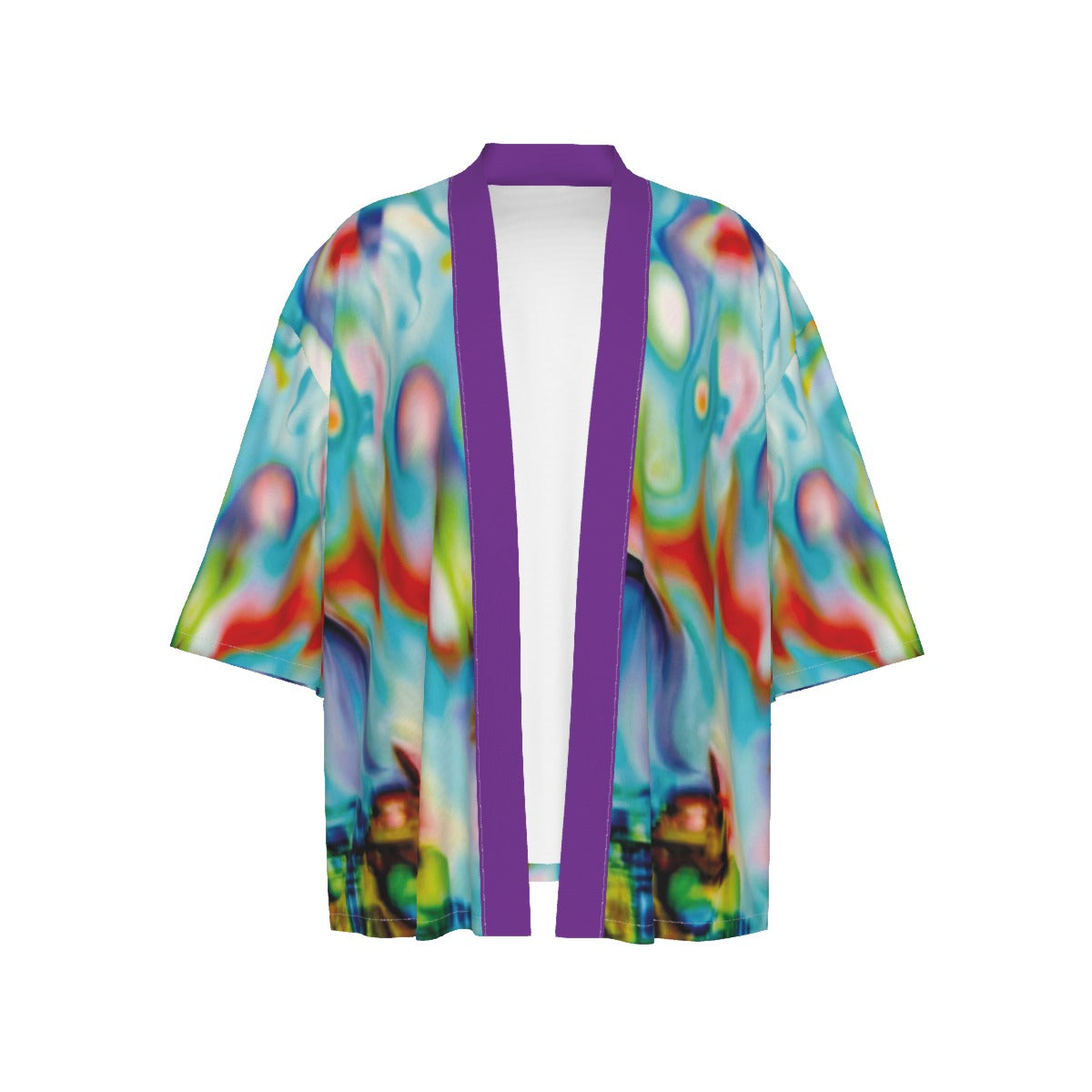 Colorful kimono-style jacket with abstract design on a white background