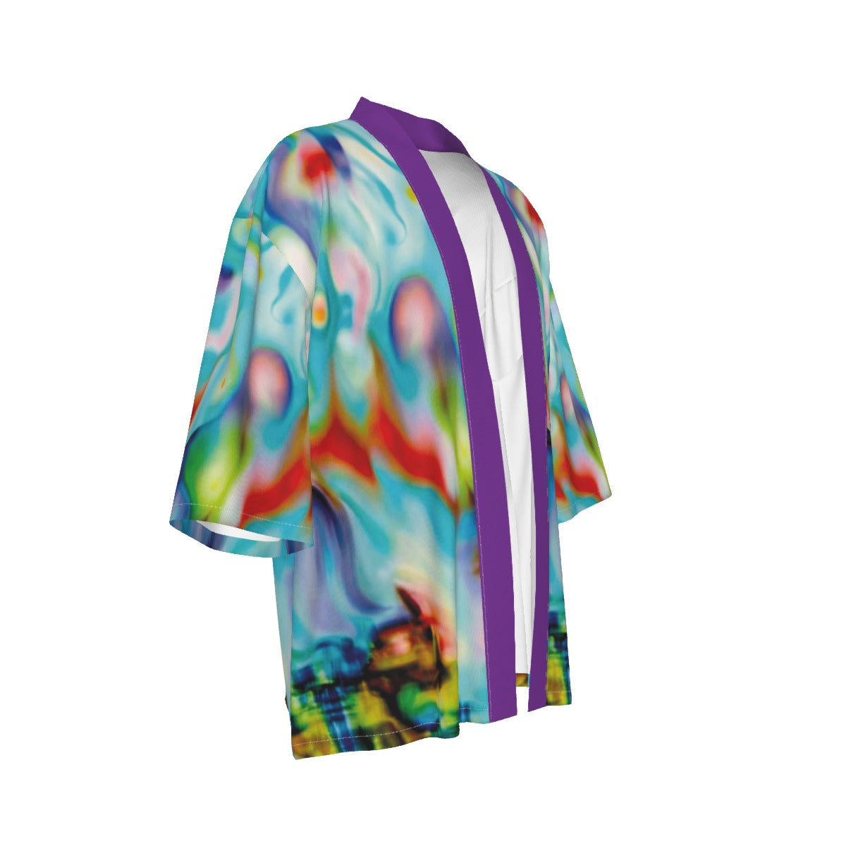 Colorful kimono-style garment with abstract patterns on a white background