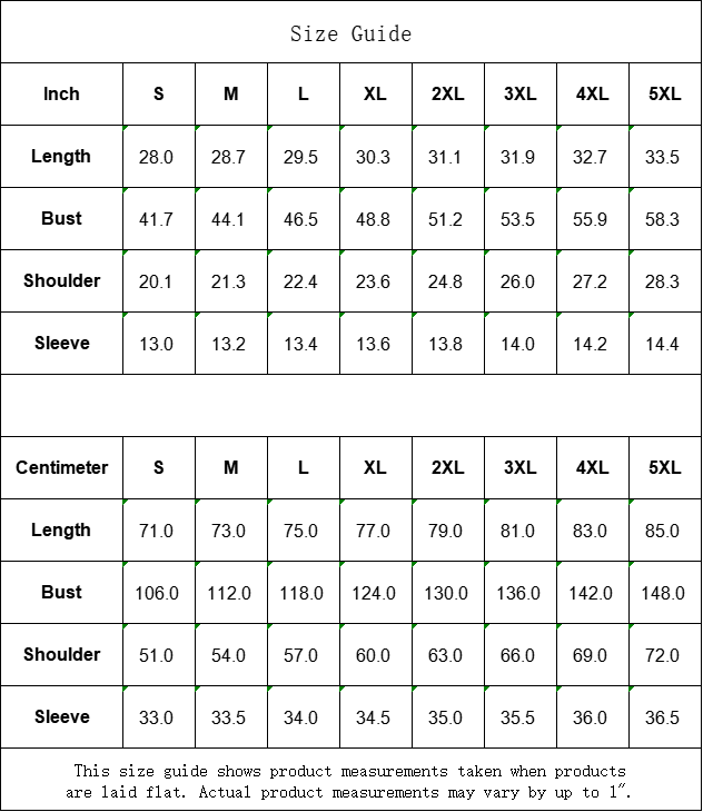 Size guide chart for clothing measurements in both inches and centimeters.