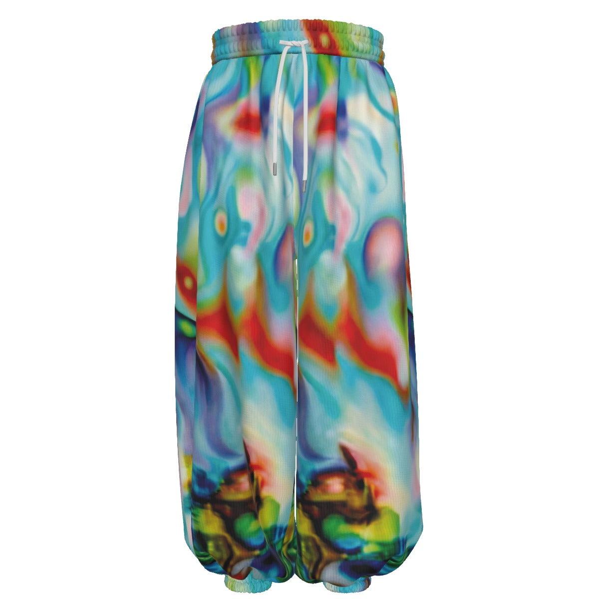 Colorful tie-dye sweatpants on a white background