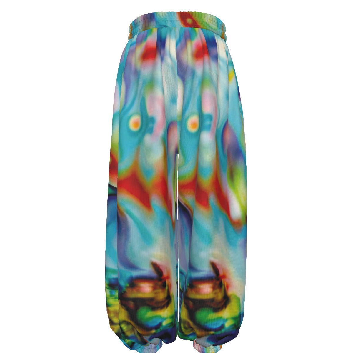 Colorful tie-dye pants with a white background