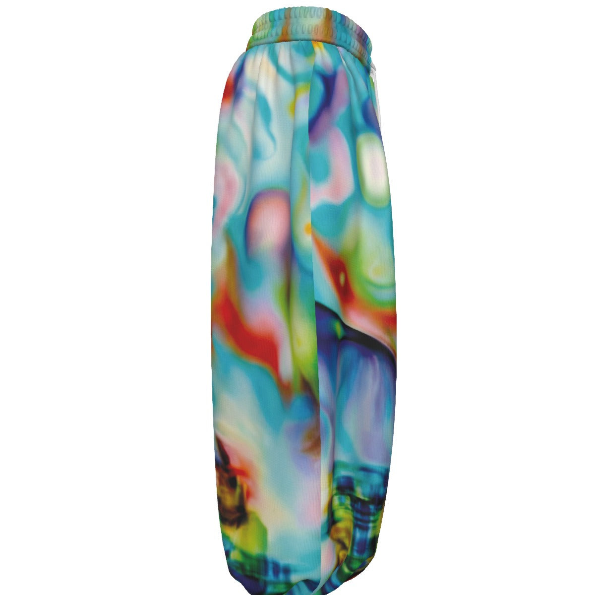 Colorful tie-dye patterned product on a white background
