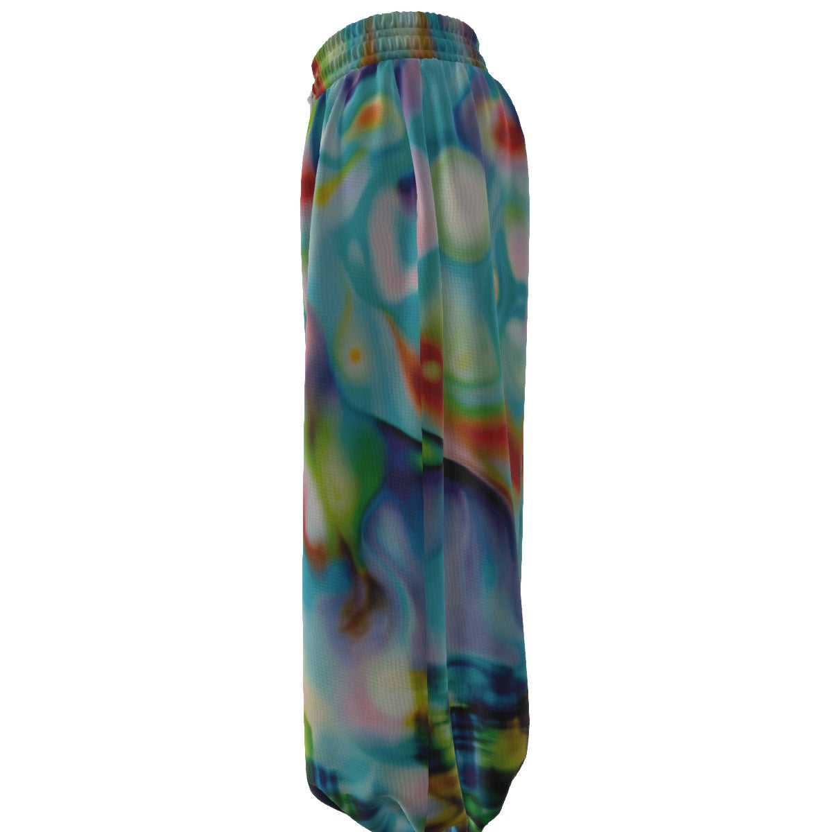 Colorful tie-dye pants on a white background