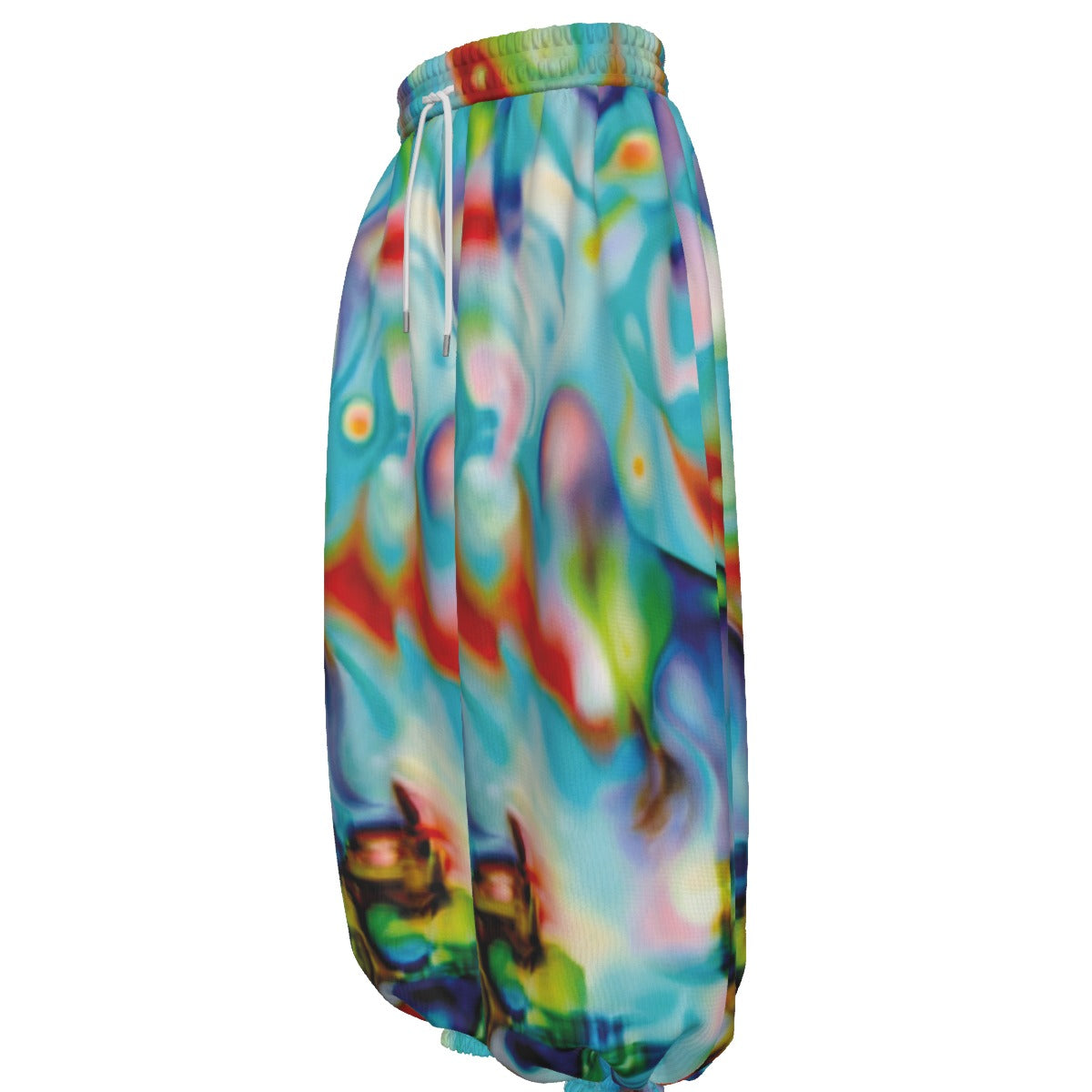 Colorful tie-dye shorts on a white background