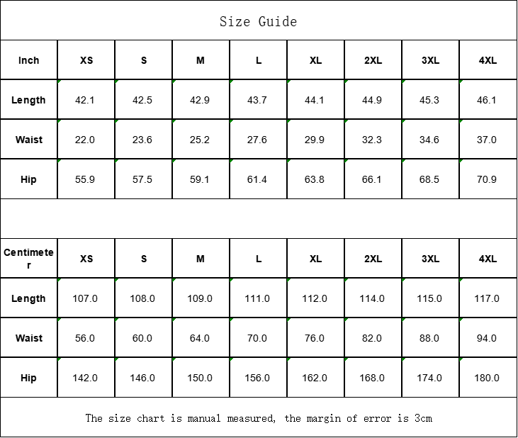 Size chart for clothing measurements in inches and centimeters with labeled columns for length, waist, and hip.