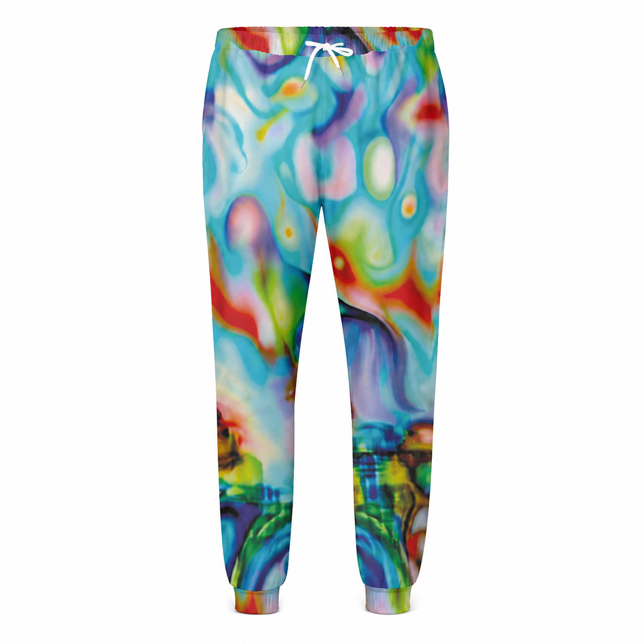 Colorful tie-dye sweatpants on a white background