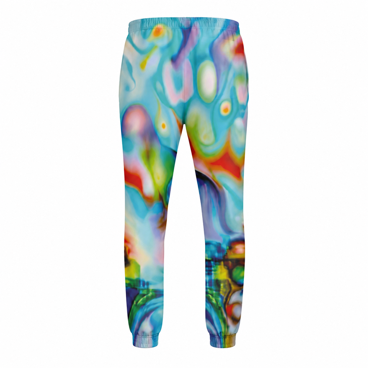 Colorful tie-dye sweatpants on a white background