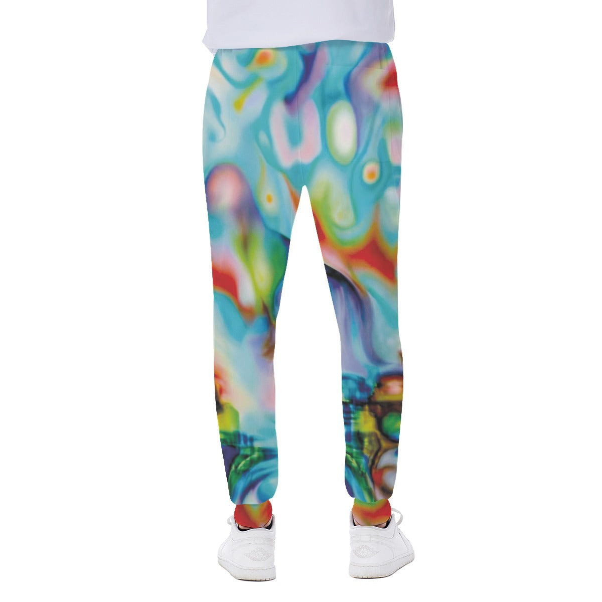 Colorful tie-dye sweatpants on a white background