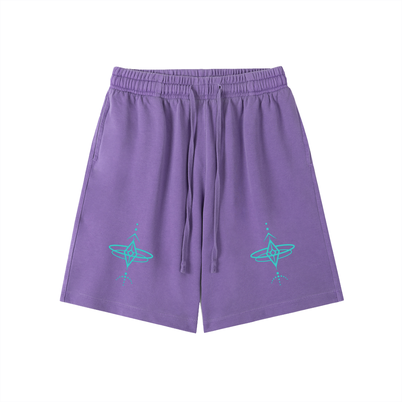 Purple shorts with teal star designs on a white background