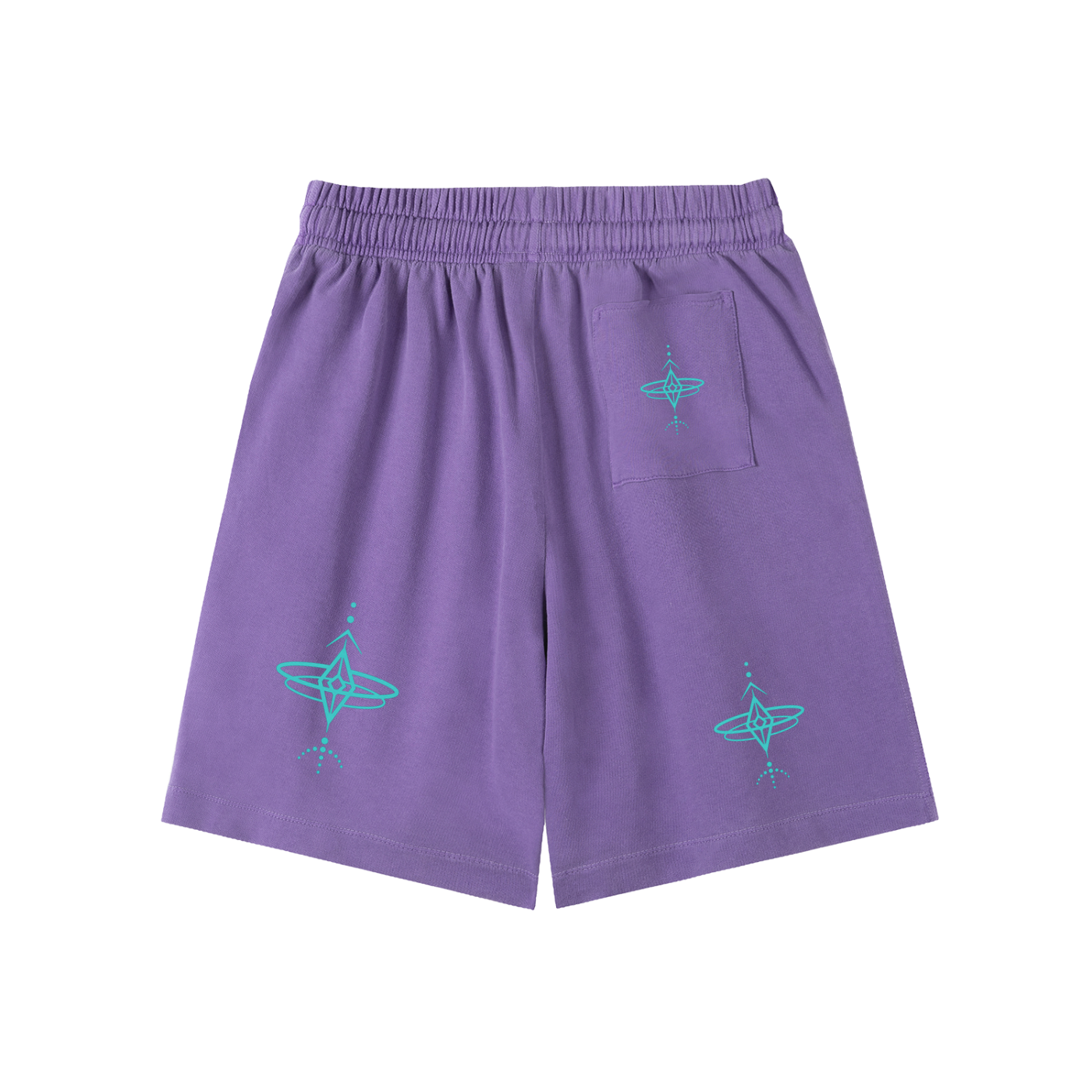 Purple shorts with teal star designs on a white background