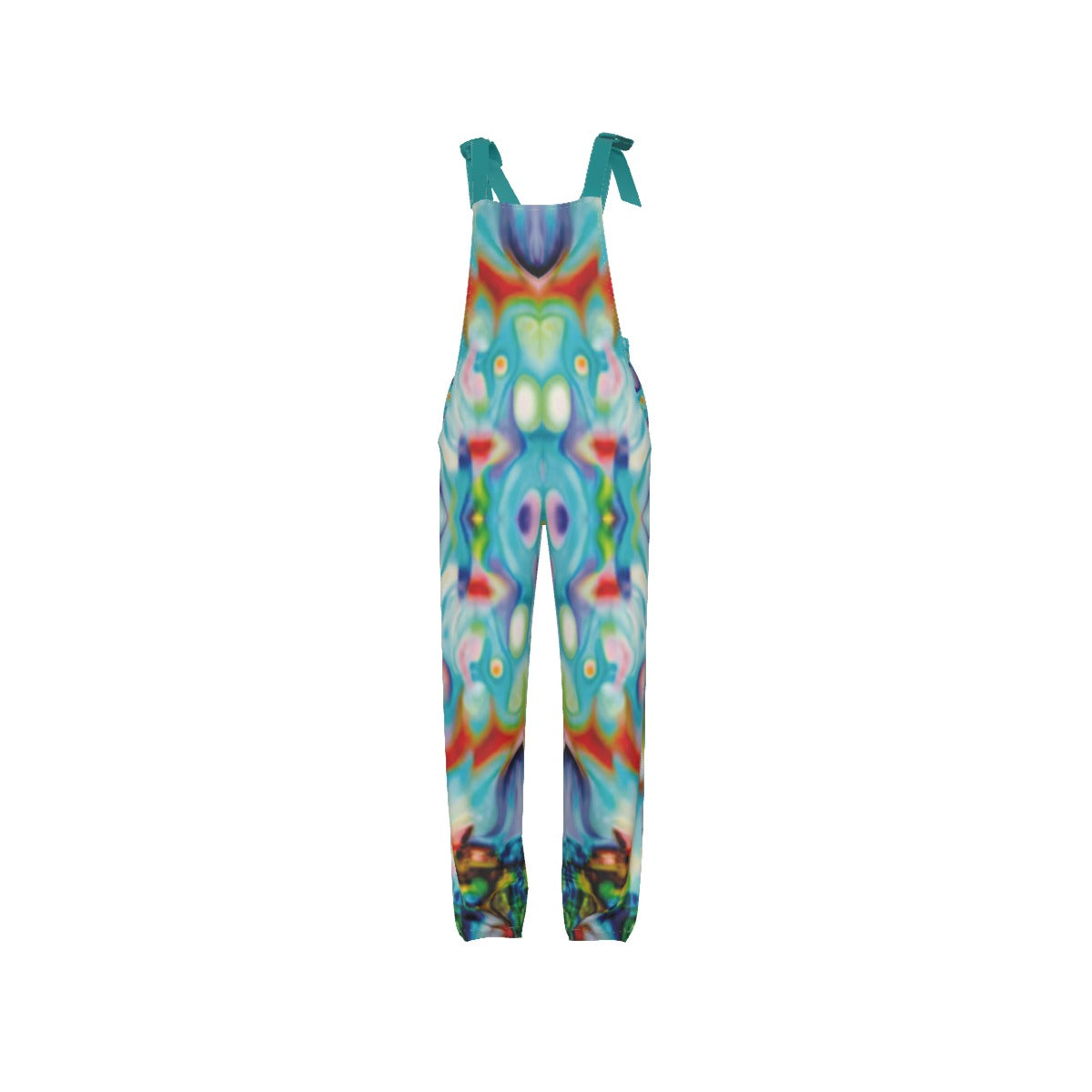 Colorful tie-dye overalls on a white background