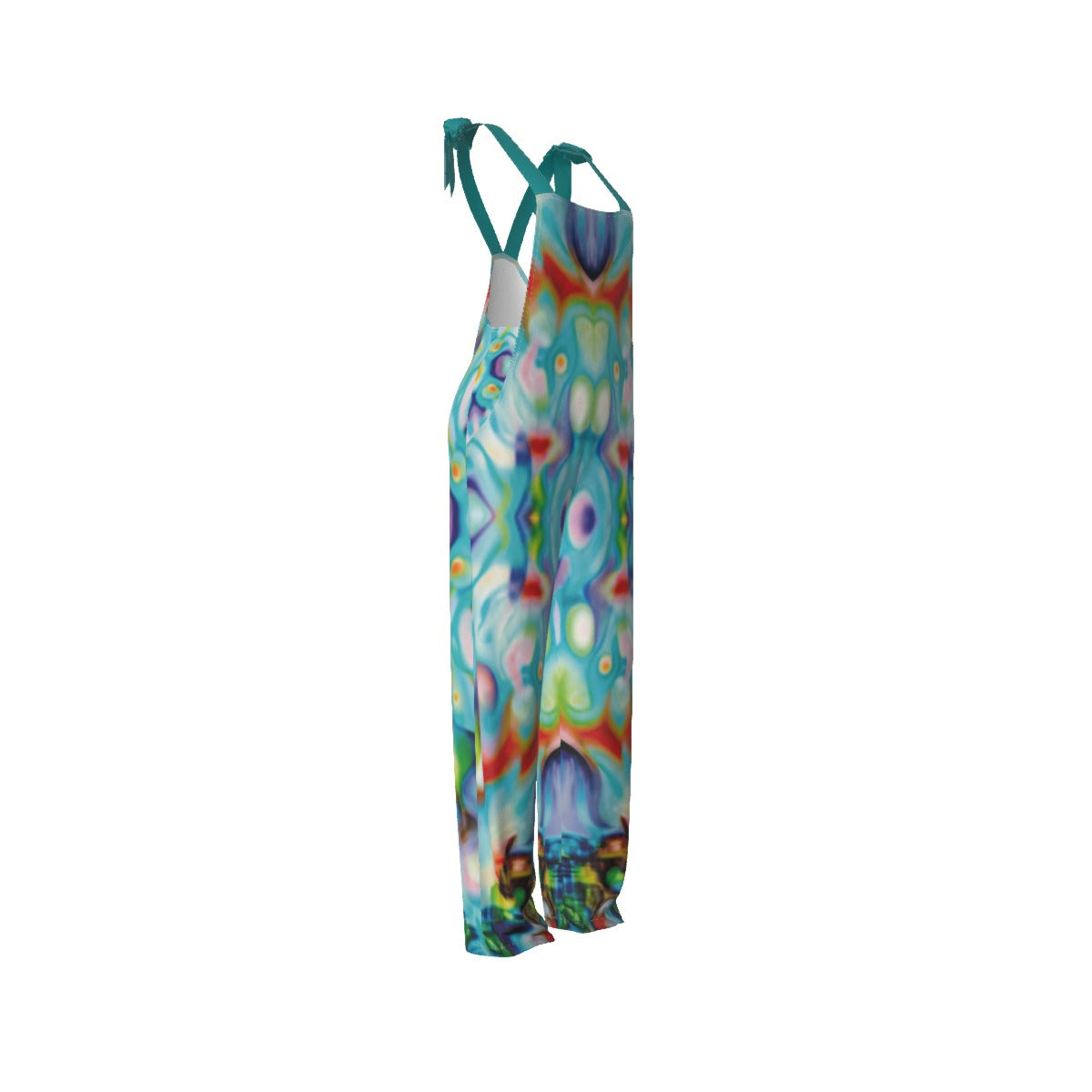 Colorful patterned overalls on a white background