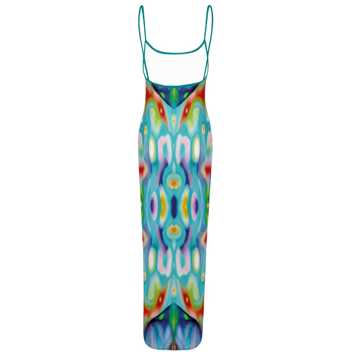 Colorful patterned dress with thin straps on a white background