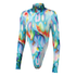 Colorful long-sleeve shirt with abstract design on a white background