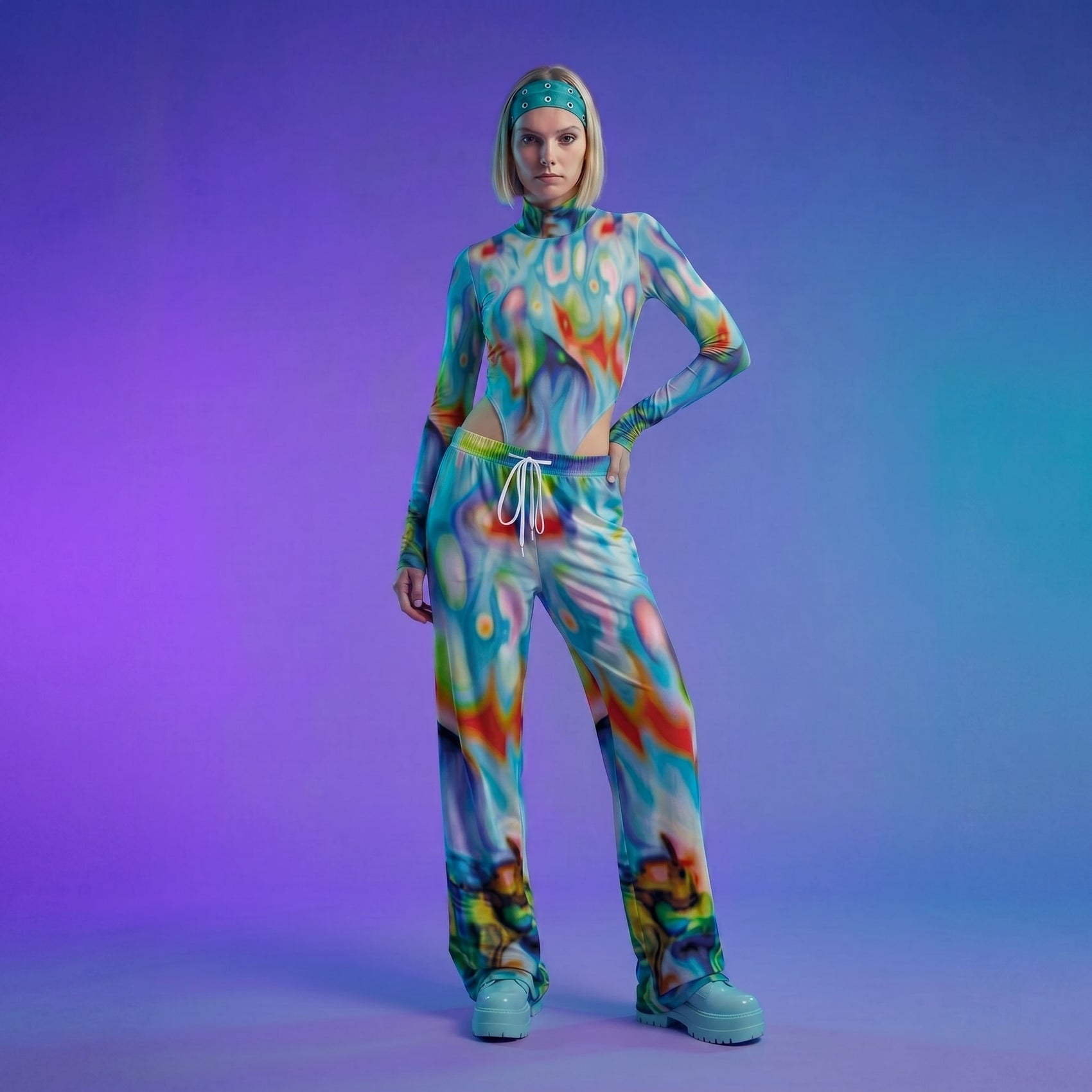 Person wearing a colorful outfit on a gradient purple and blue background