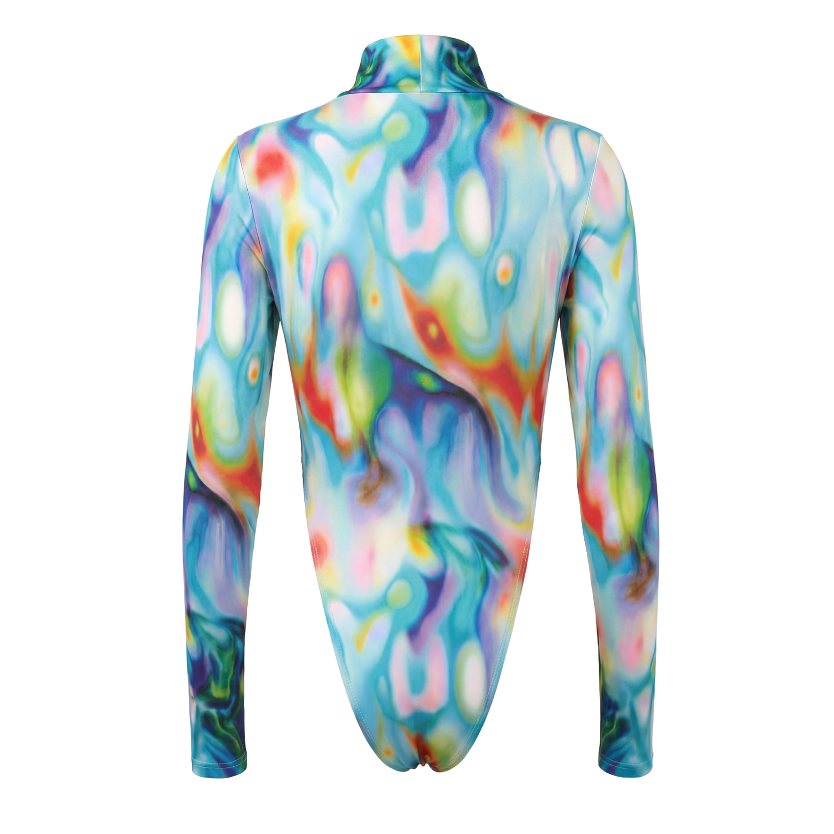Colorful swimsuit with a tie-dye pattern on a white background