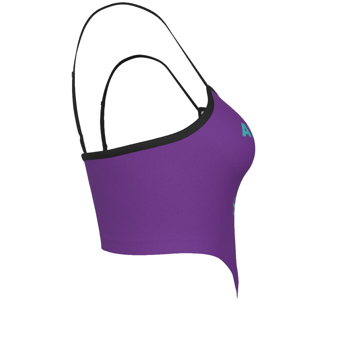 Purple sports bra with black straps on a white background