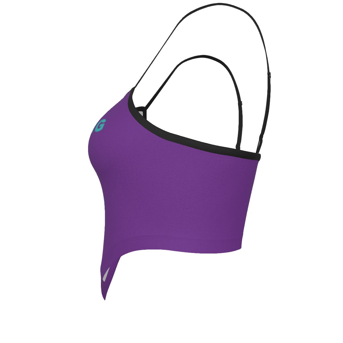 Purple sports bra with black straps on a white background
