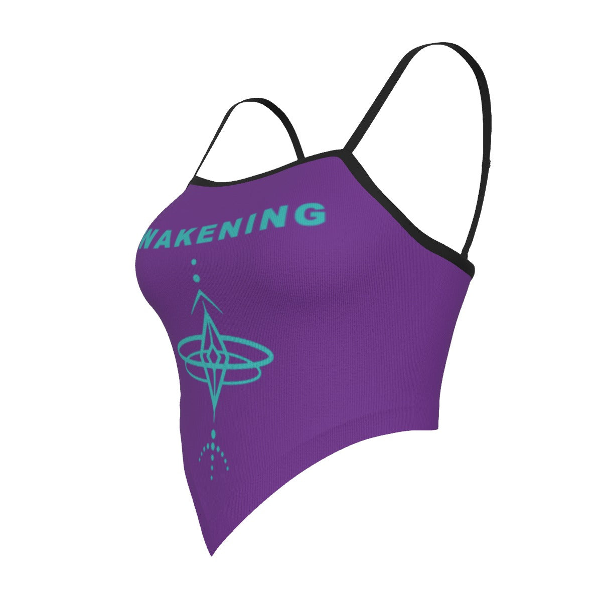 Purple swimsuit top with black straps and teal text and graphics on a white background