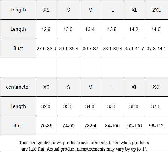 Size guide chart for clothing measurements in both centimeters and inches.