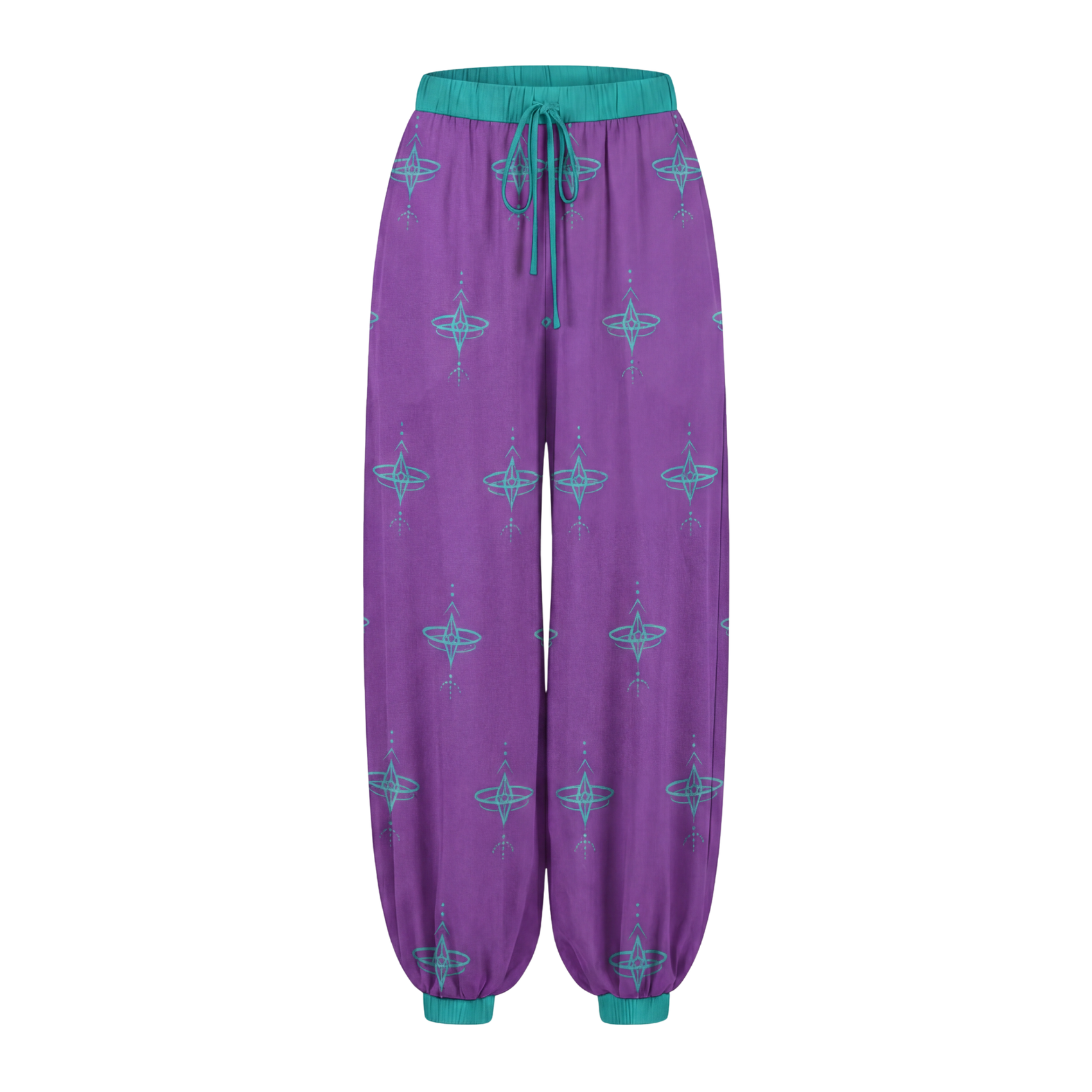Purple pajama pants with teal accents on a white background