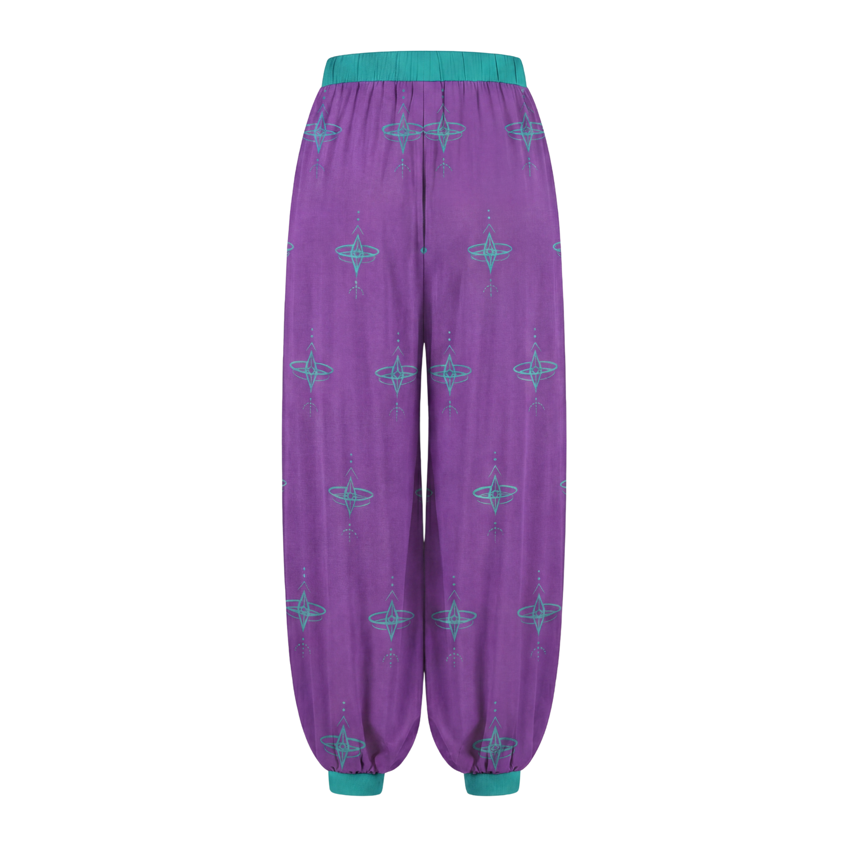 Purple pajama pants with teal accents on a white background
