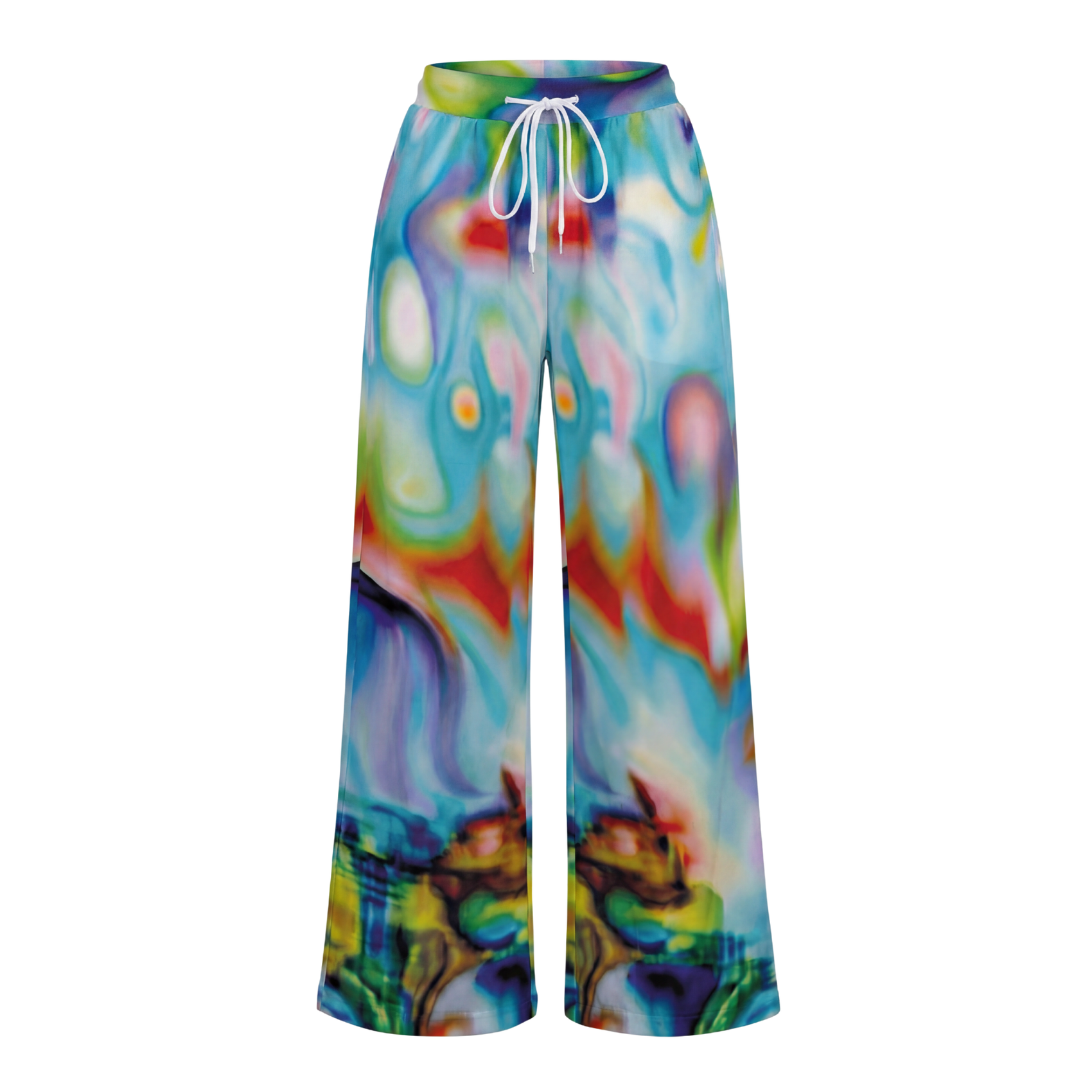 Colorful tie-dye pants with a drawstring on a white background