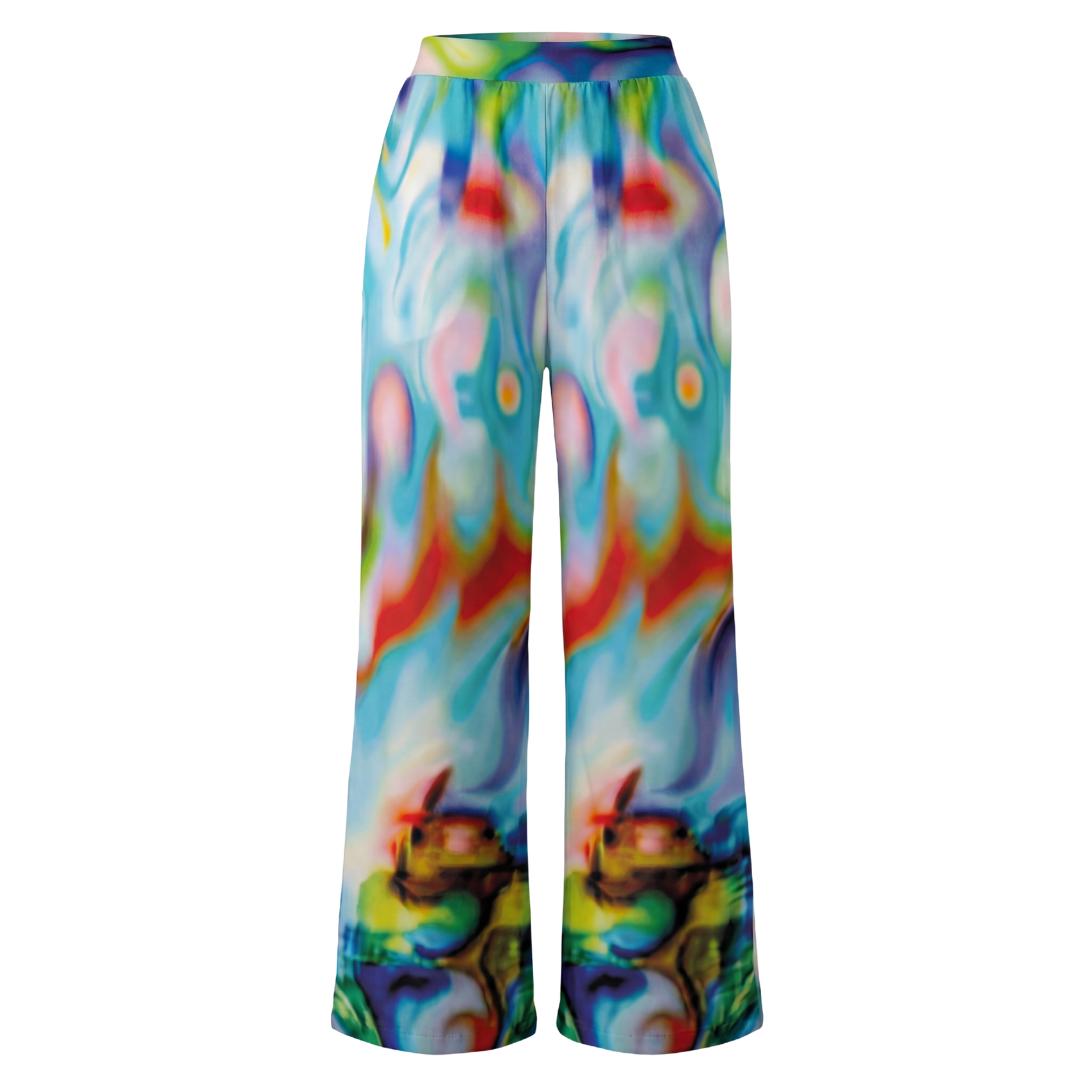Colorful tie-dye pants on a white background