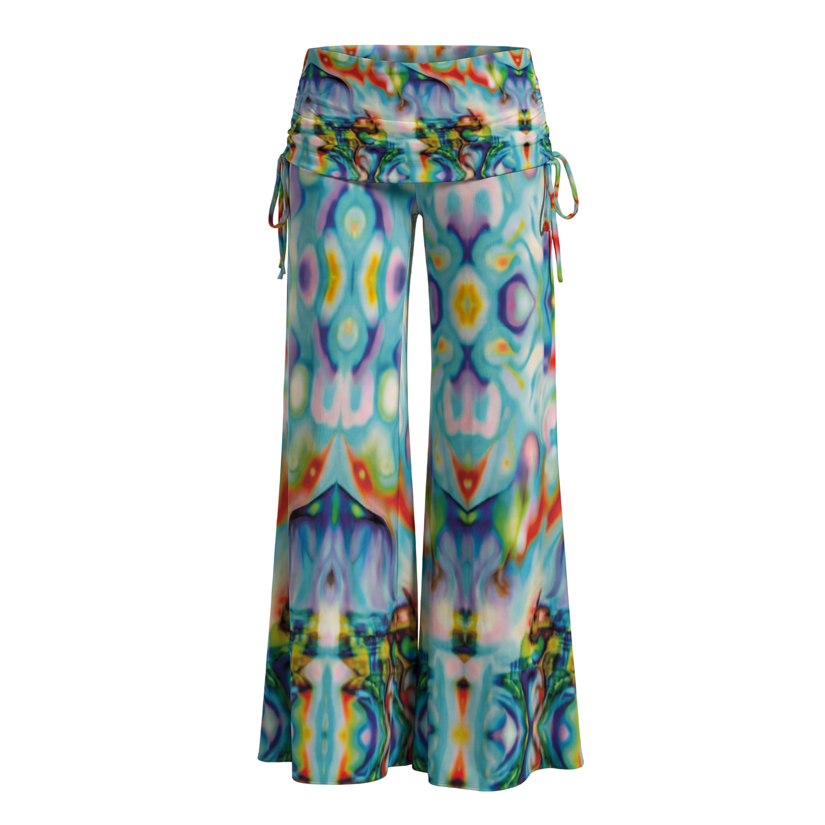 Colorful tie-dye wide-leg pants on a white background