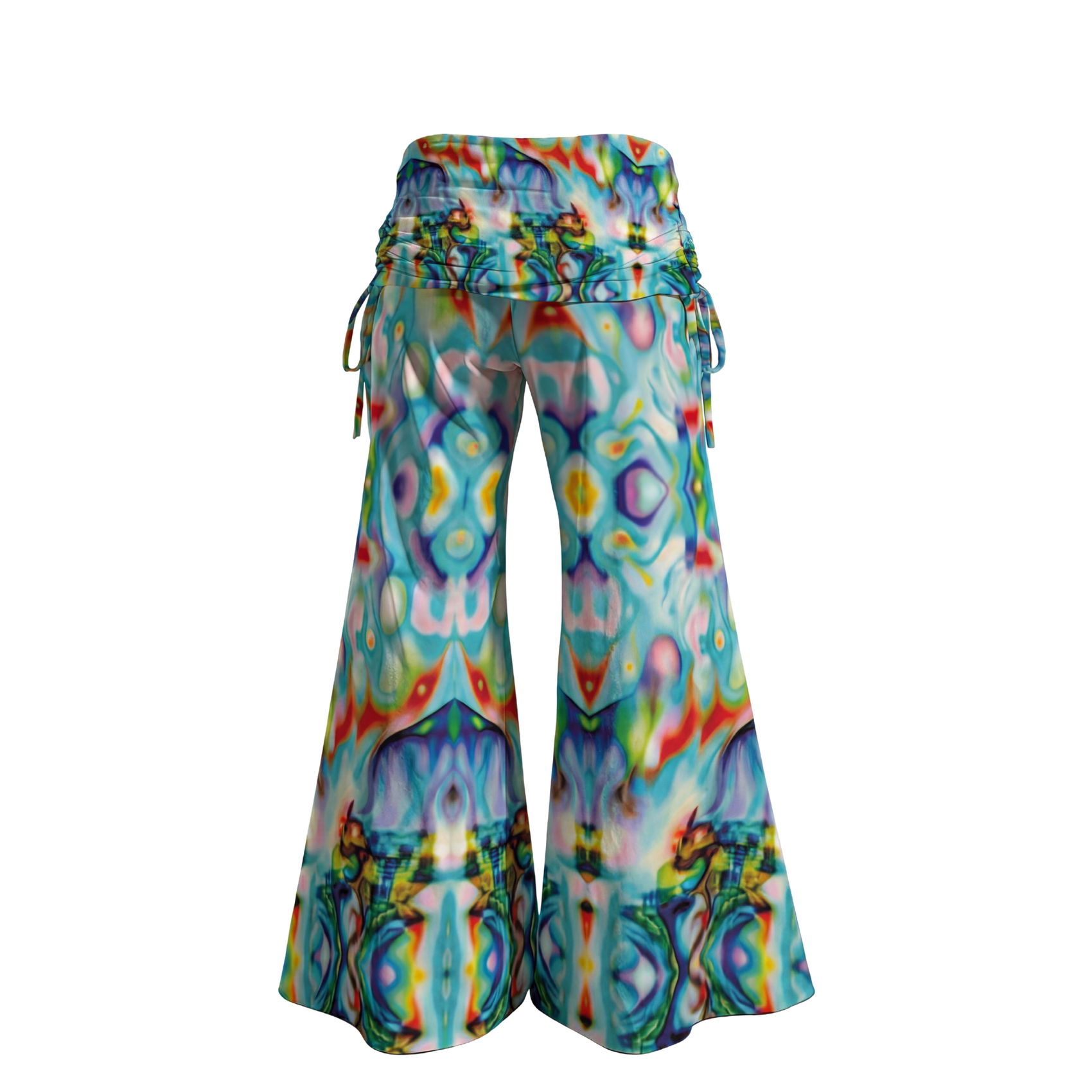 Colorful tie-dye pants on a white background