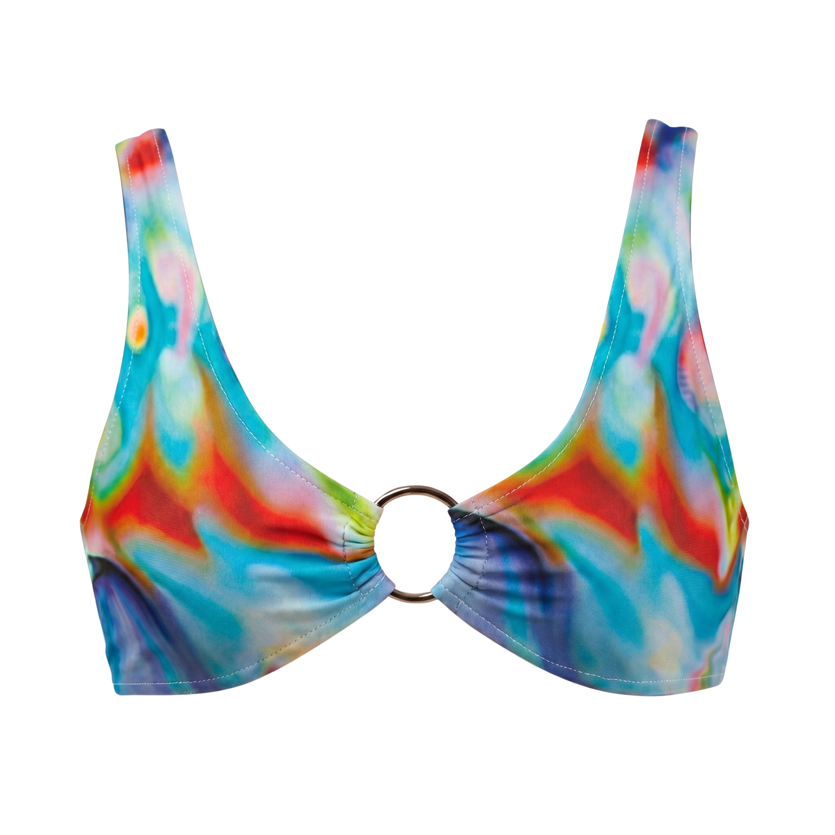 Multicolored tie-dye bikini top on a white background