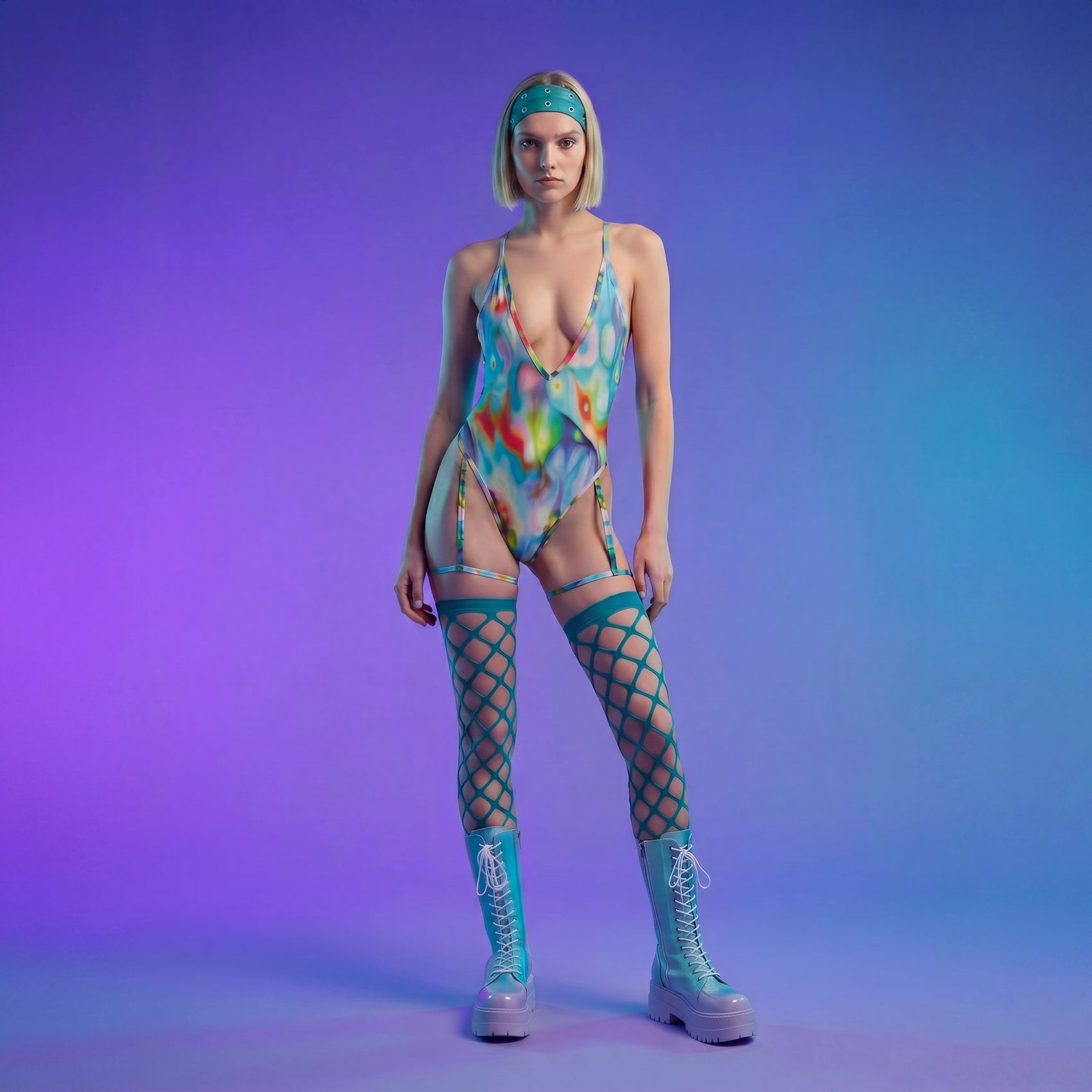 Model wearing a colorful bodysuit and fishnet stockings against a gradient purple and blue background