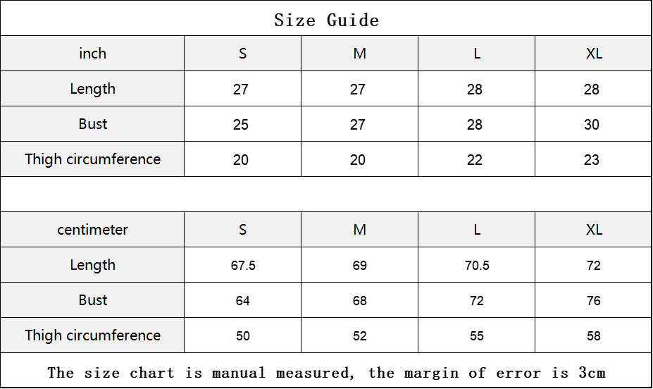 Size chart for clothing measurements in inches and centimeters with labeled columns for length, bust, and thigh circumference.